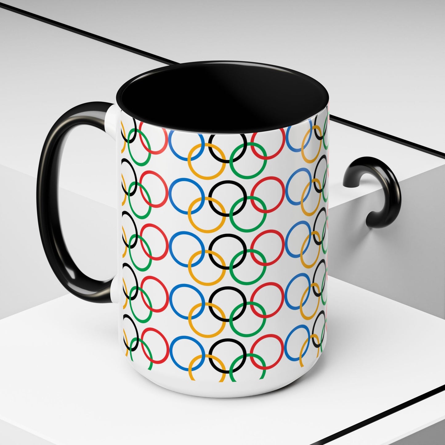 Olympic Fever Coffee Mug - Double Sided Black Accent White Ceramic 15oz by TheGlassyLass