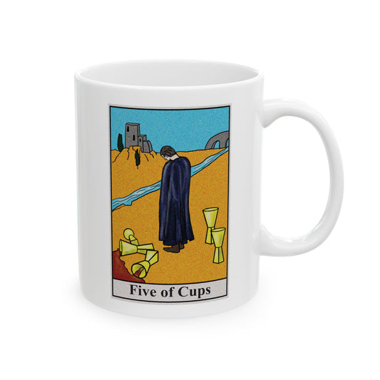 Five of Cups Tarot Card Coffee Mug - Double Sided Print, White Ceramic, 11oz by TheGlassyLass.com