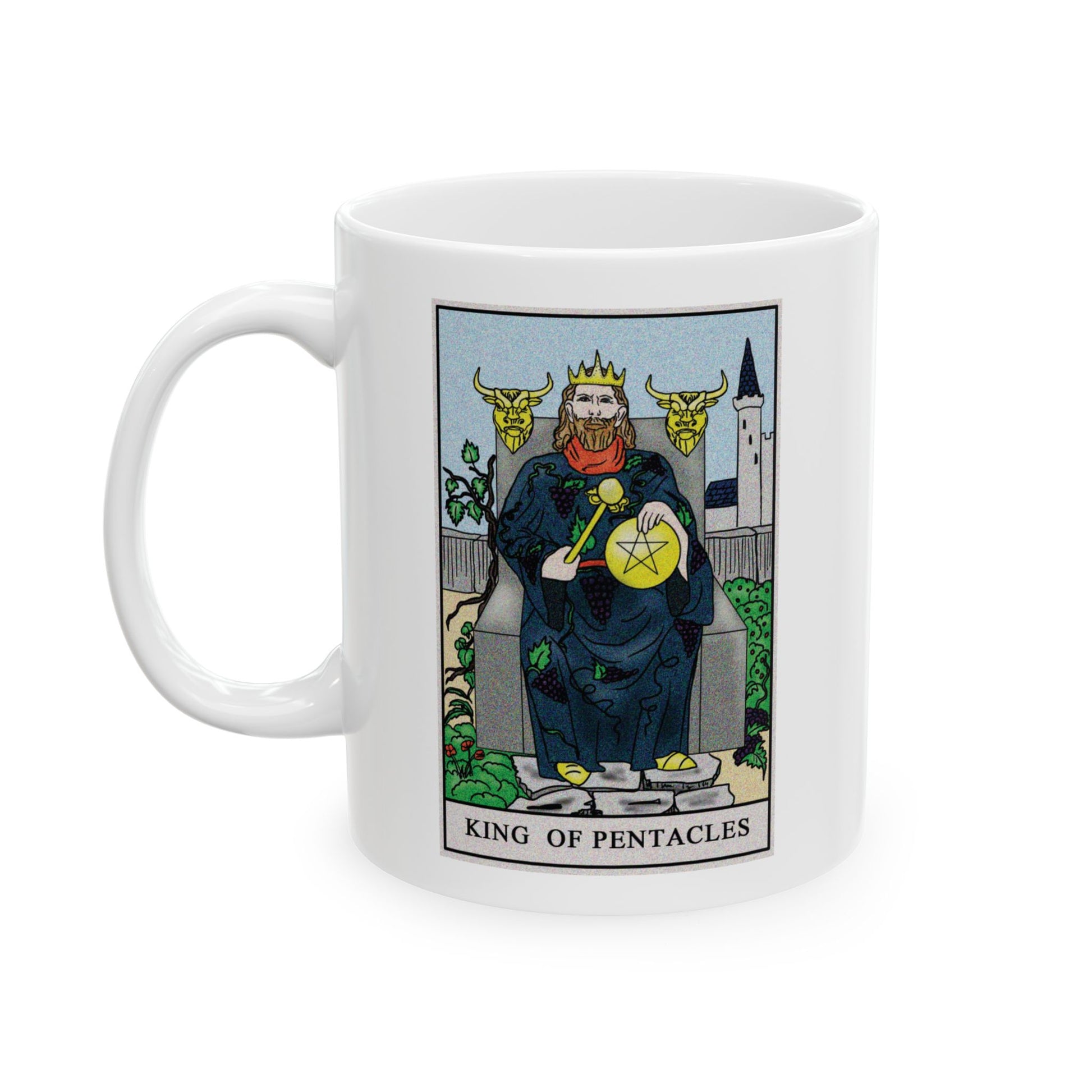 King of Pentacles Tarot Card Coffee Mug - Double Sided Print, White Ceramic, 11oz by TheGlassyLass.com