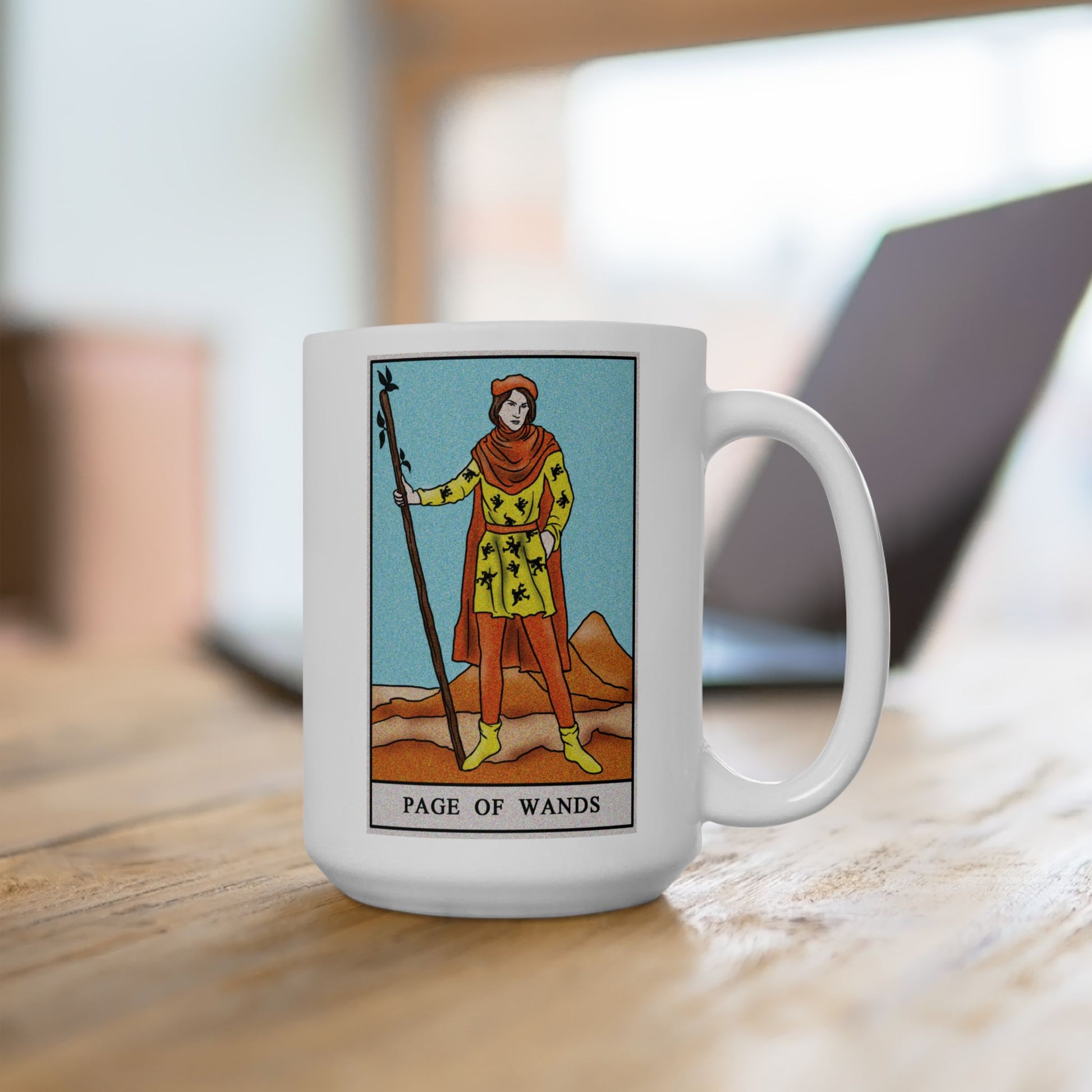 Page of Wands Tarot Card Coffee Mug - Double Sided White Ceramic 15oz by TheGlassyLass.com