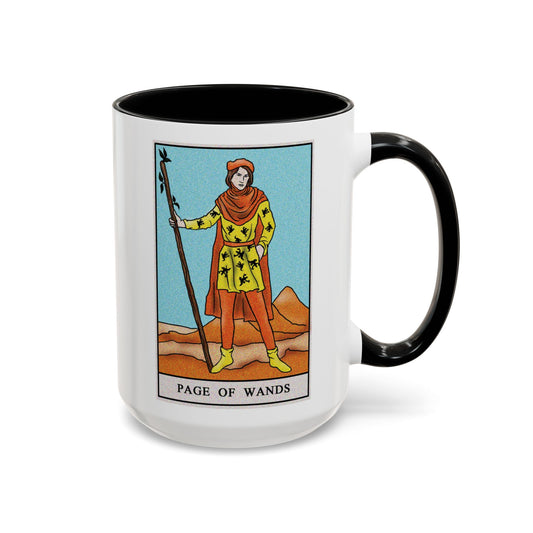 Page of Wands Tarot Card Coffee Mug - Double Sided Black Accent White Ceramic 15oz by TheGlassyLass.com