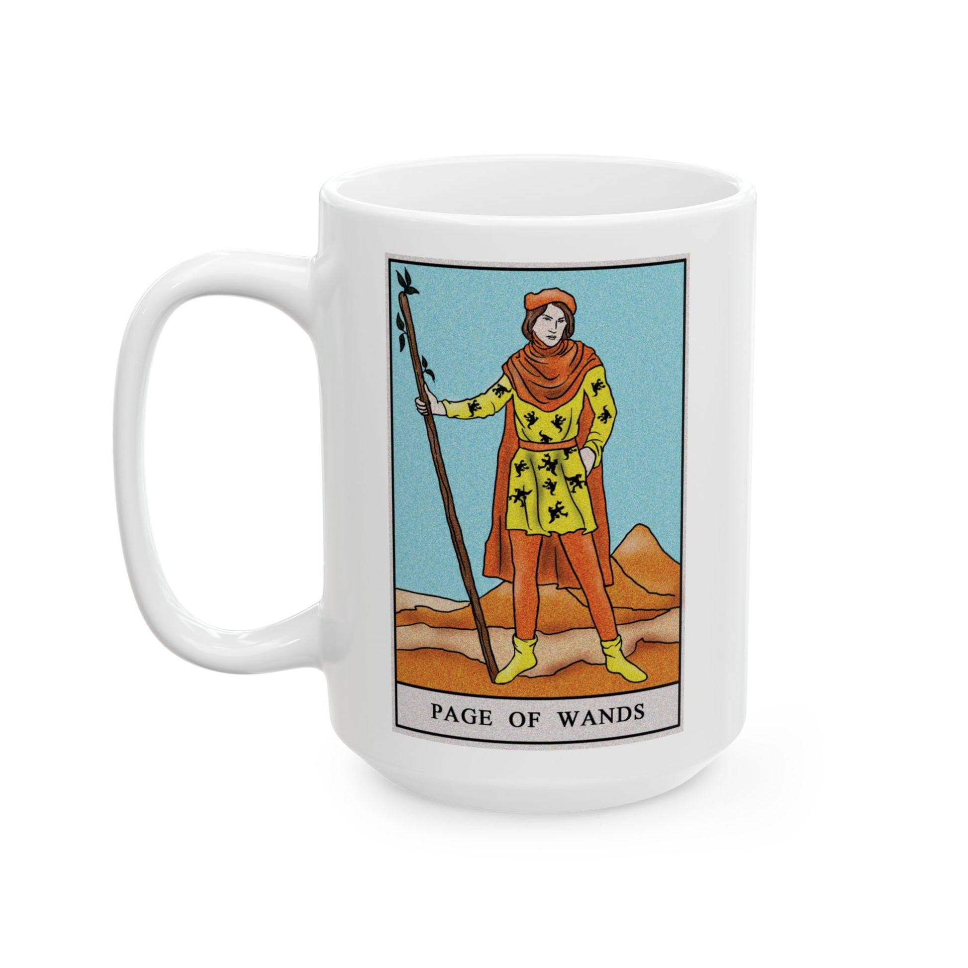 Page of Wands Tarot Card Coffee Mug - Double Sided White Ceramic 15oz by TheGlassyLass.com