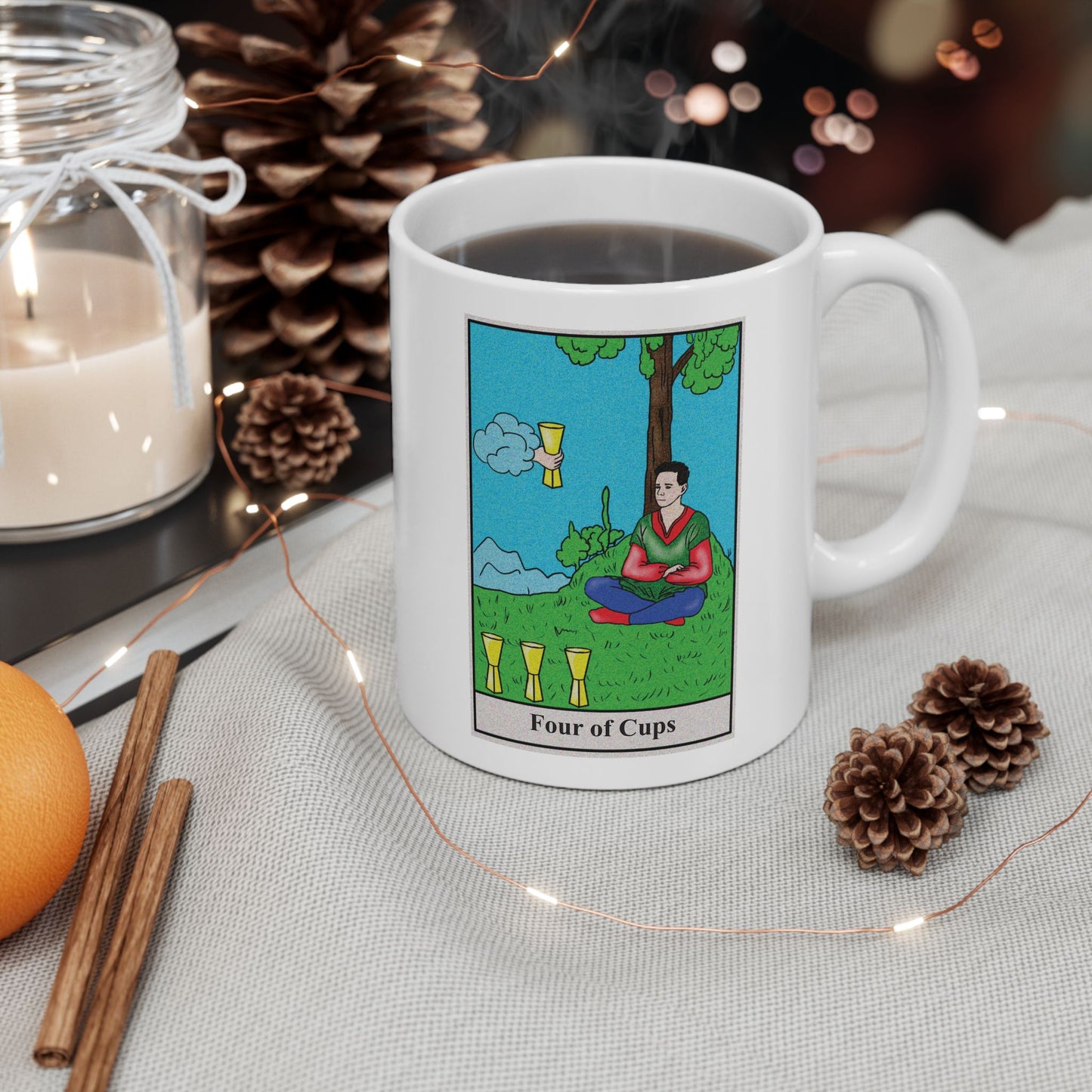 Four of Cups Tarot Card Coffee Mug - Double Sided Print, White Ceramic, 11oz by TheGlassyLass.com