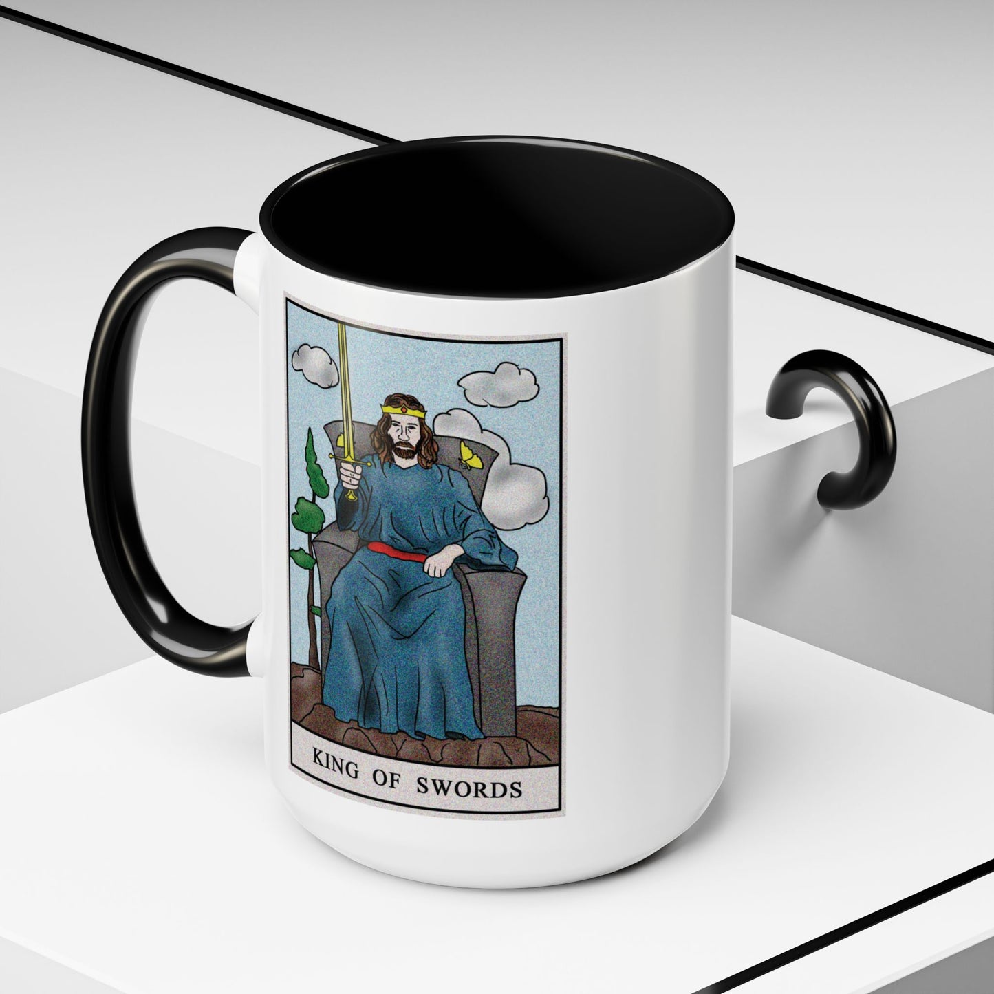 King of Swords Tarot Card Coffee Mug - Double Sided Black Accent White Ceramic 15oz by TheGlassyLass.com