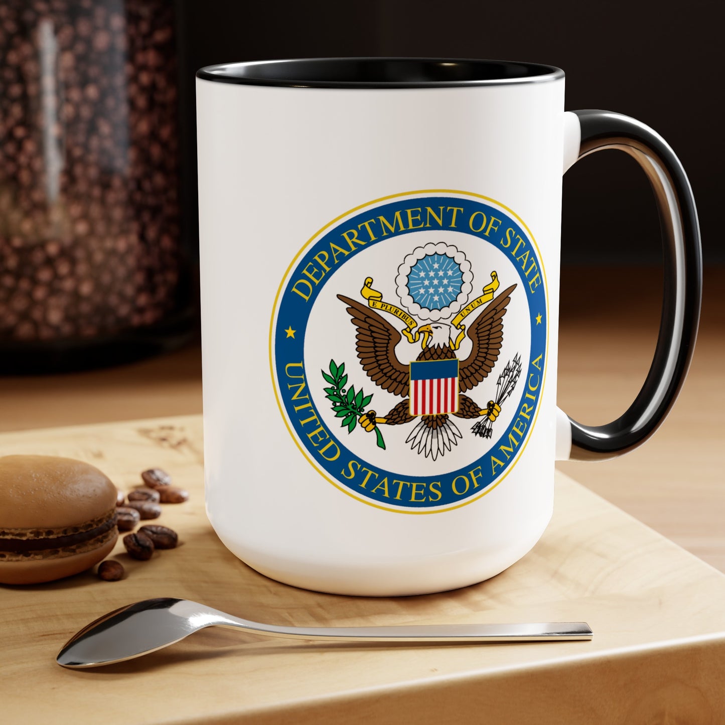 Department of State Coffee Mug - Double Sided Black Accent White Ceramic 15oz by TheGlassyLass.com