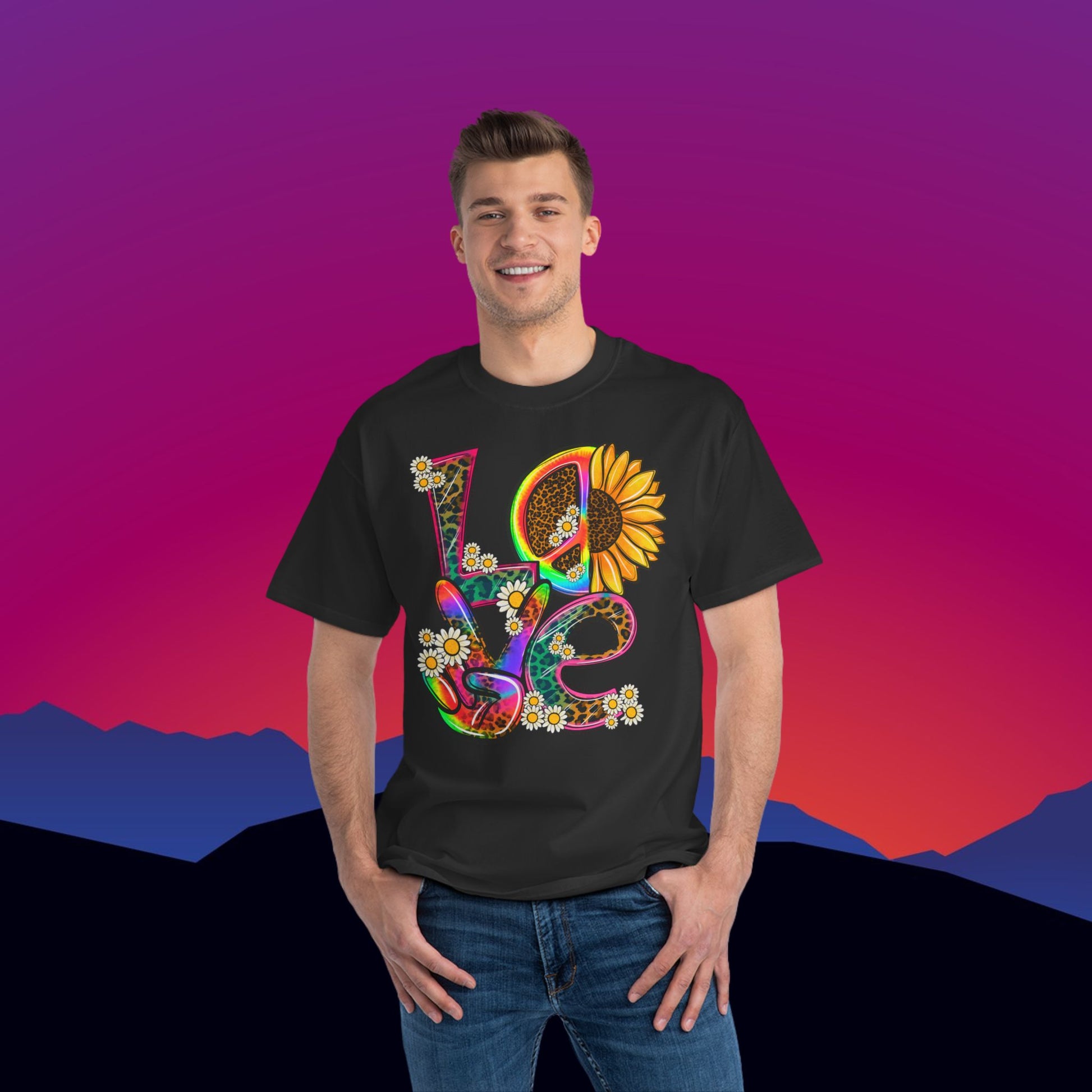 Peace Love & Flower Power T-Shirt: (Hanes Beefy-T 100% Preshrunk Cotton Custom Printed by TheGlassyLass.com