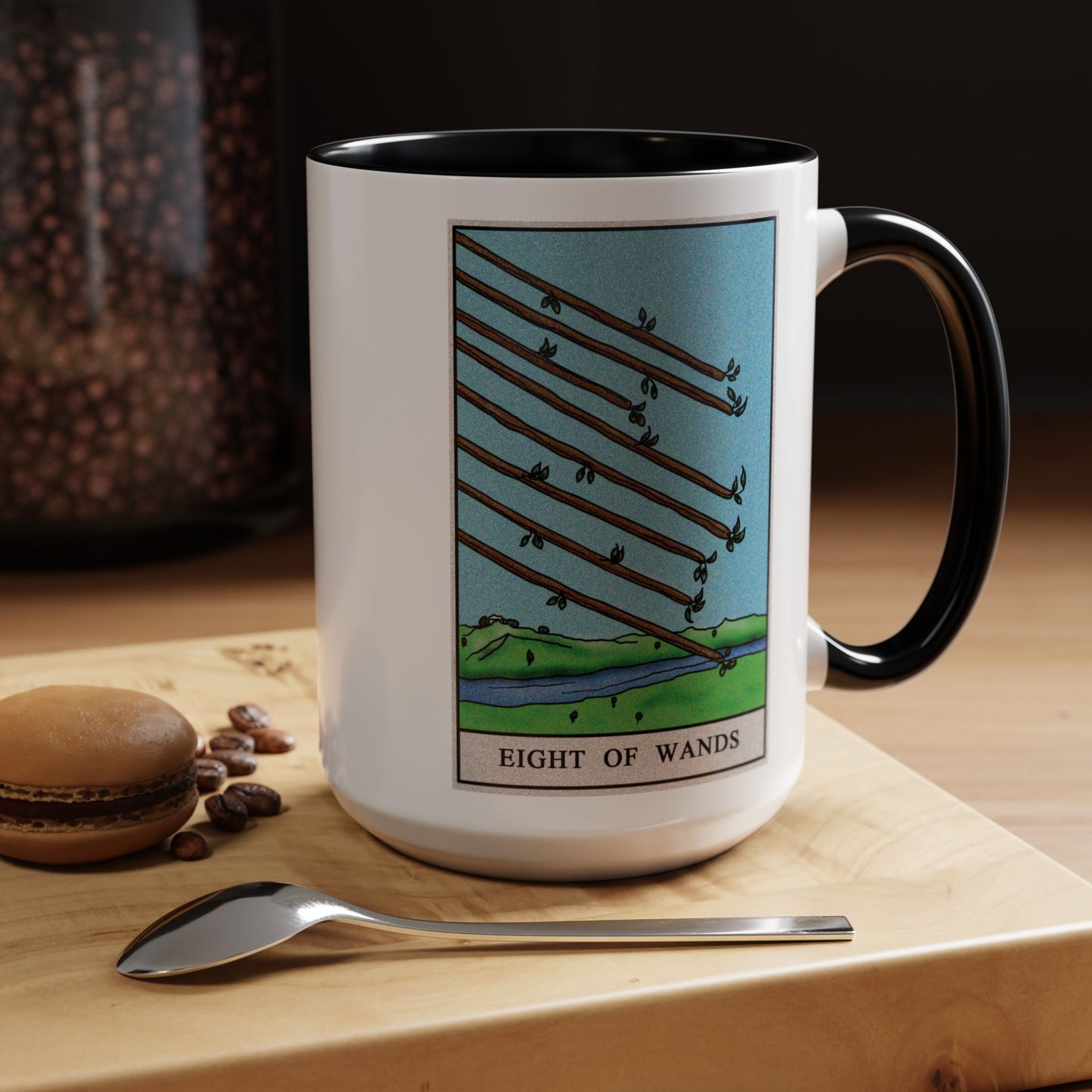 Eight of Wands Tarot Card Coffee Mug - Double Sided Black Accent White Ceramic 15oz by TheGlassyLass.com