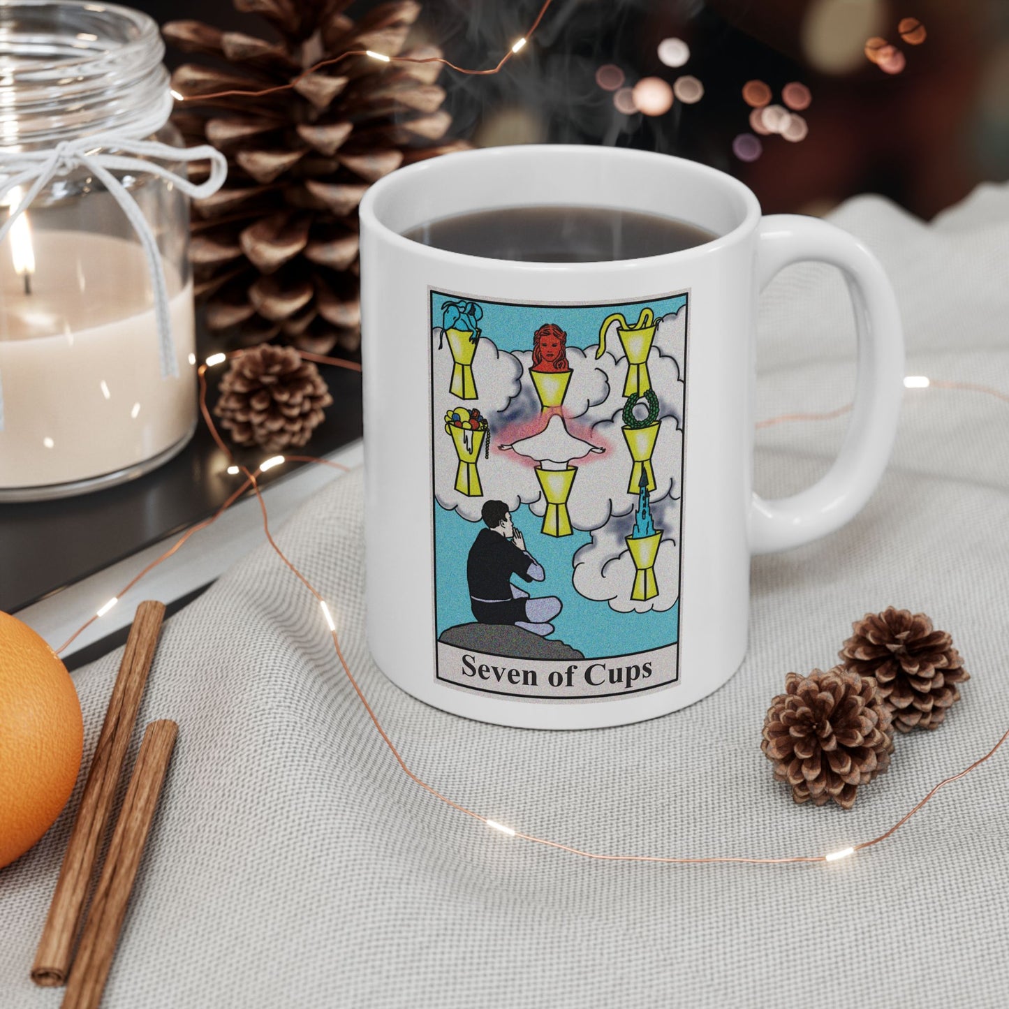 Seven of Cups Tarot Card Coffee Mug - Double Sided Print, White Ceramic, 11oz by TheGlassyLass.com