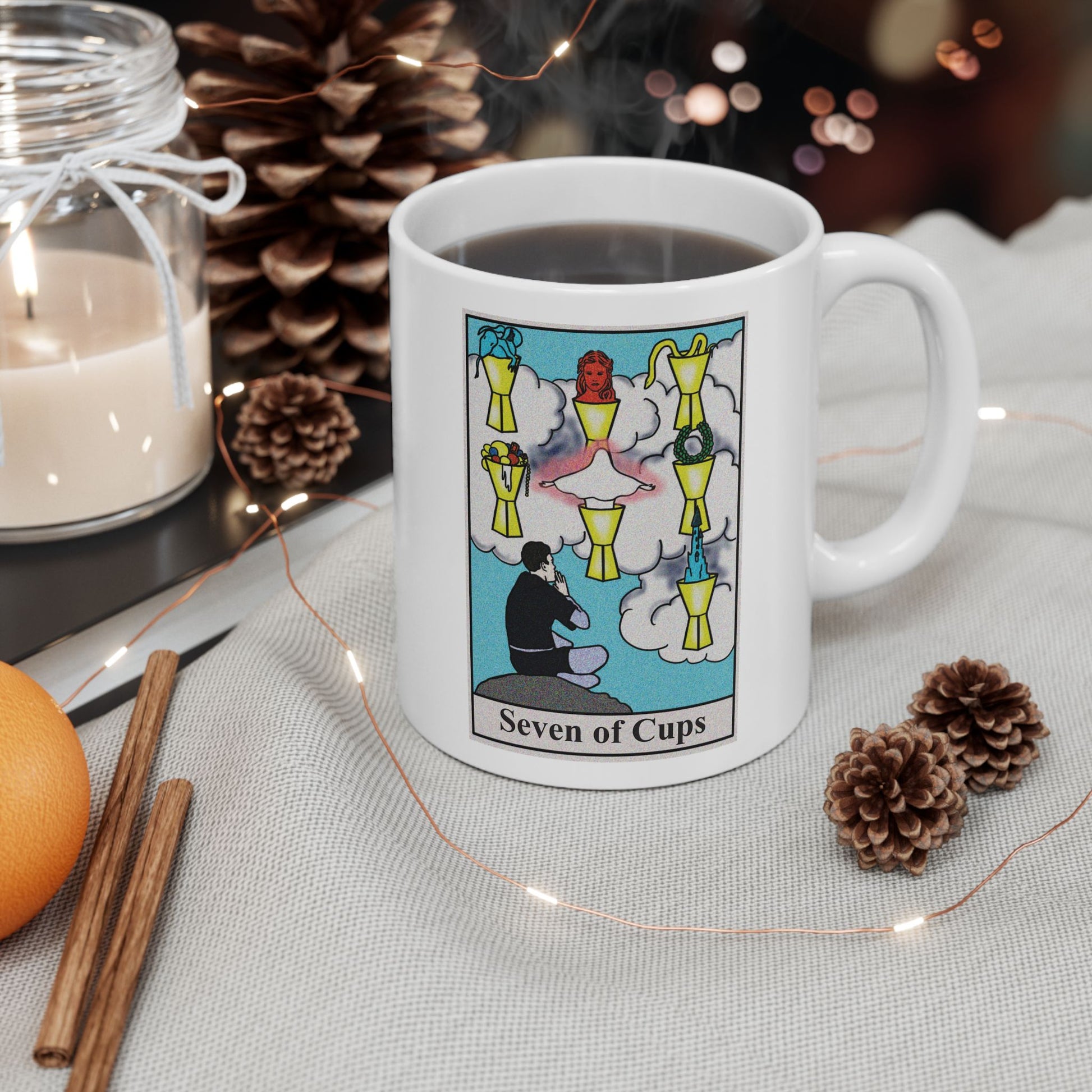 Seven of Cups Tarot Card Coffee Mug - Double Sided Print, White Ceramic, 11oz by TheGlassyLass.com