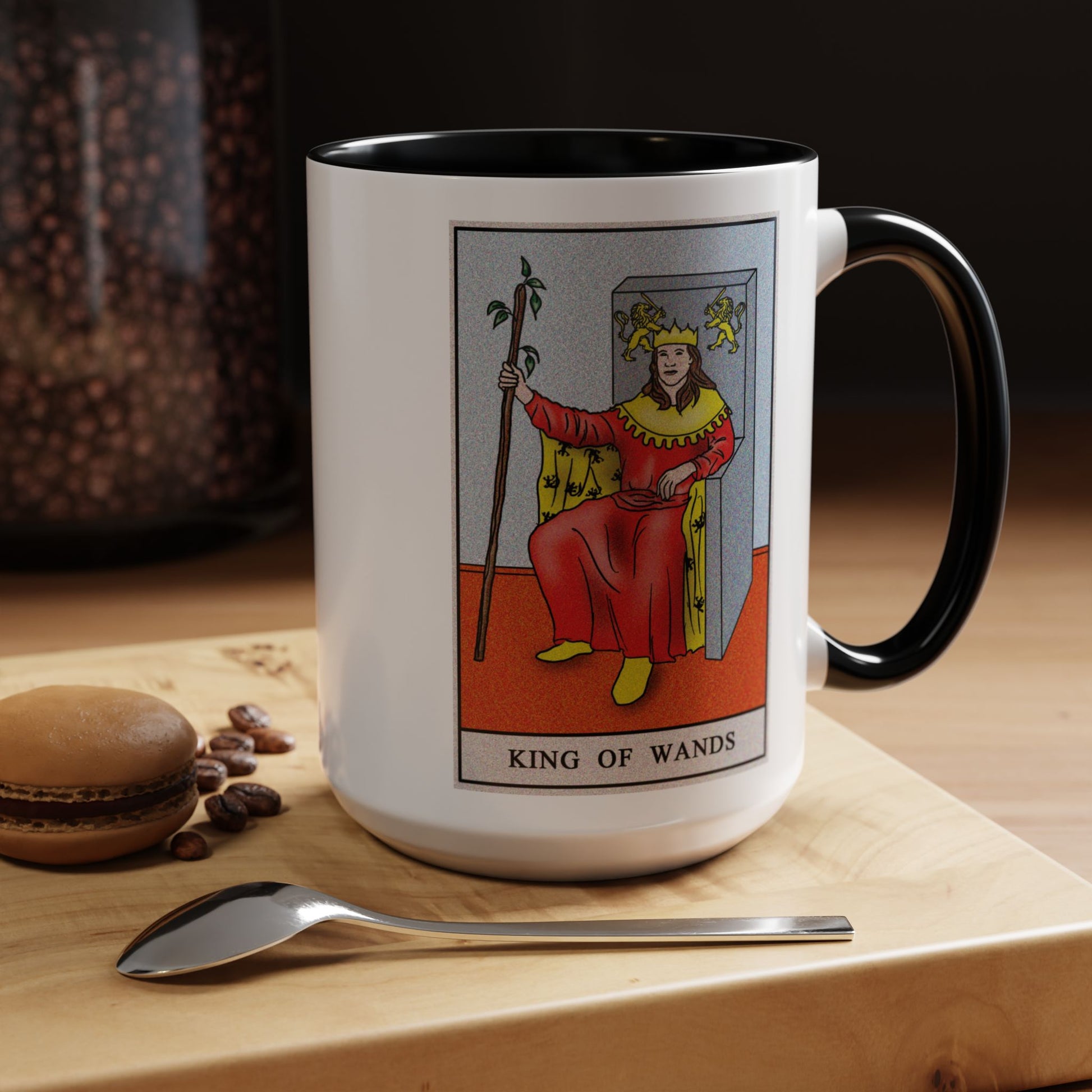 King of Wands Tarot Card Coffee Mug - Double Sided Black Accent White Ceramic 15oz by TheGlassyLass.com