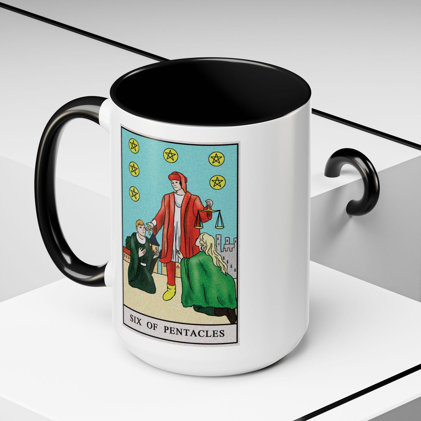 Six of Pentacles Tarot Card Coffee Mug - Double Sided Black Accent White Ceramic 15oz by TheGlassyLass.com