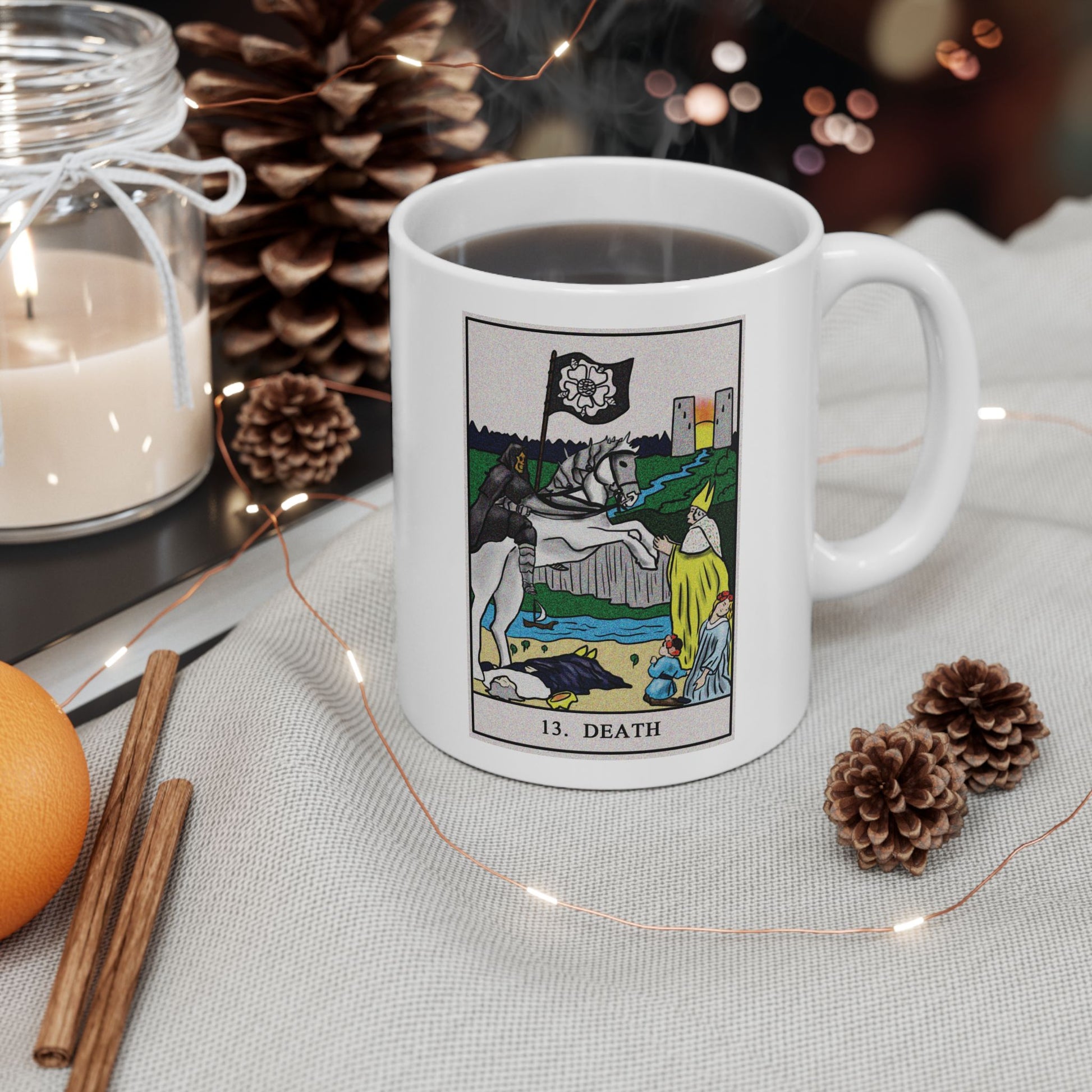 Death Tarot Card Coffee Mug - Double Sided Print, White Ceramic, 11oz by TheGlassyLass.com