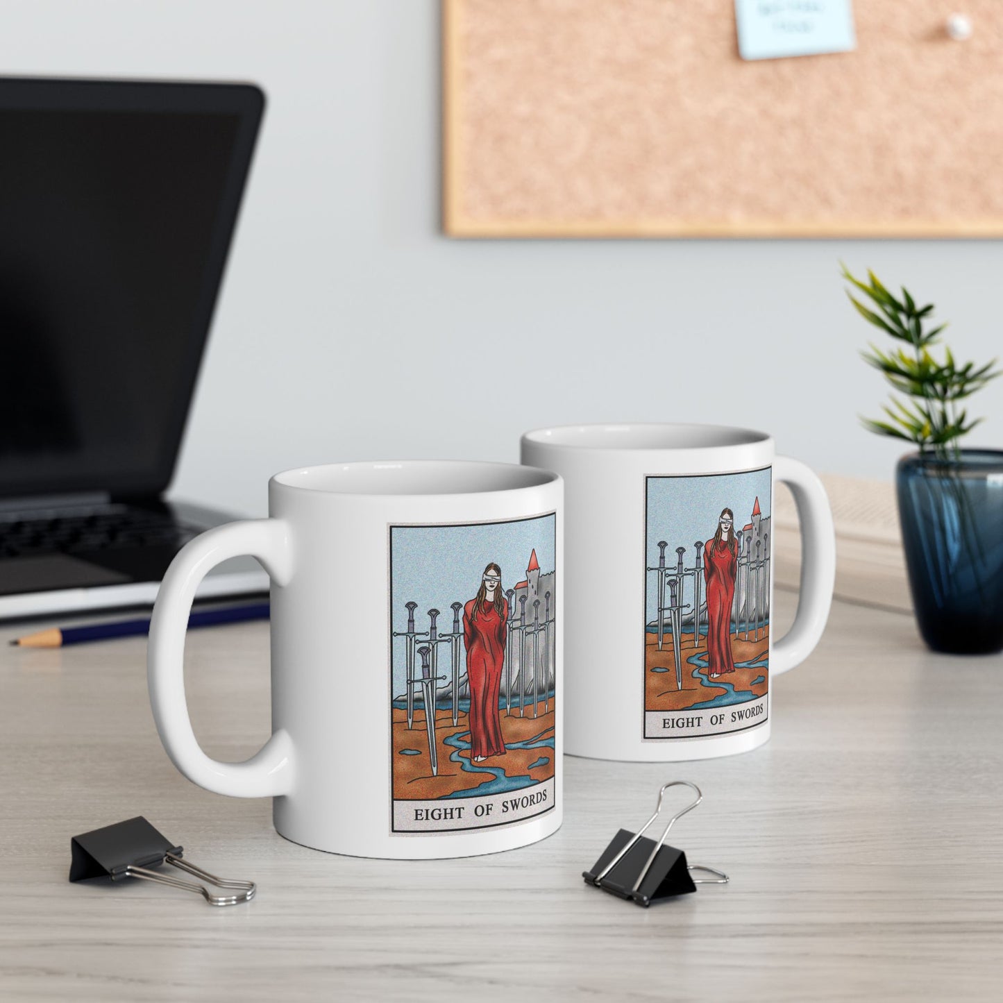 Eight of Swords Tarot Card Coffee Mug - Double Sided Print, White Ceramic, 11oz by TheGlassyLass.com