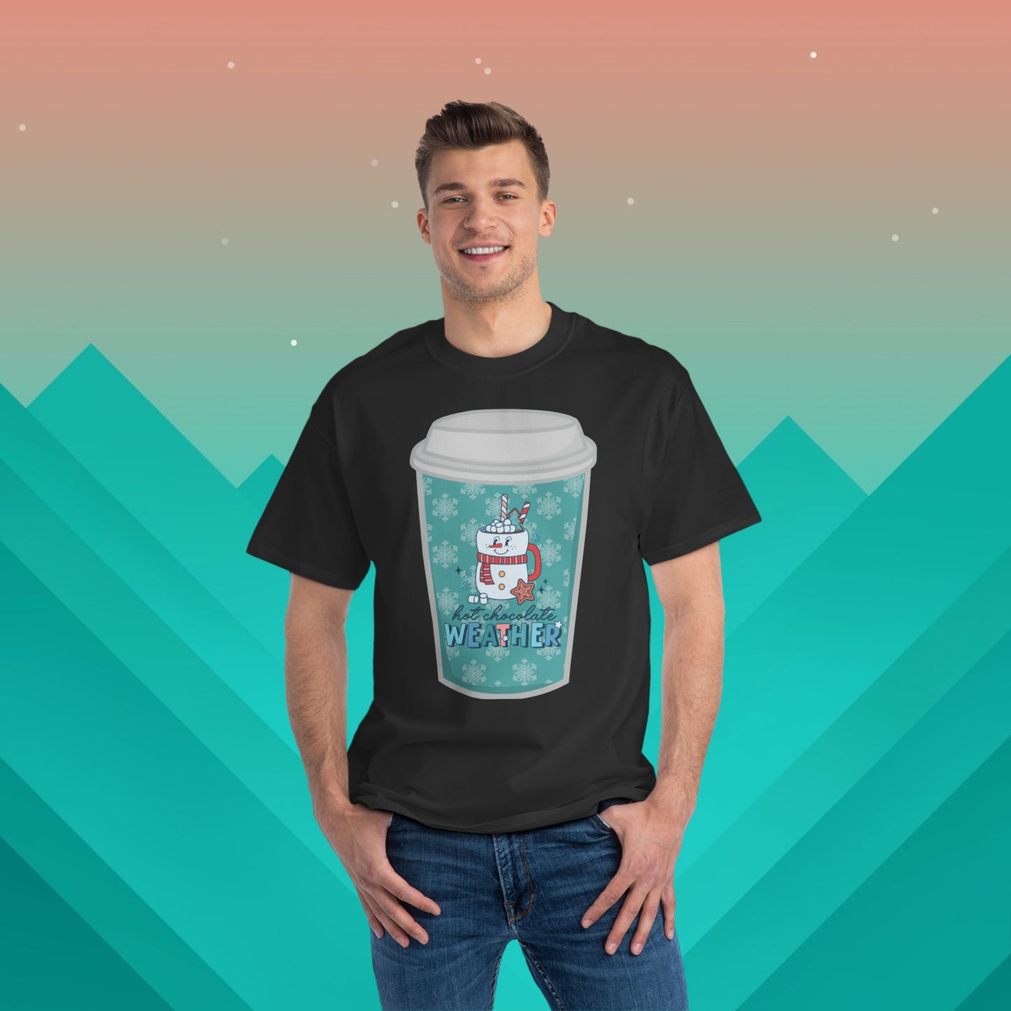 Hot Chocolate Weather Christmas T-Shirt: (Hanes Beefy-T 100% Preshrunk Cotton Custom Printed by TheGlassyLass.com