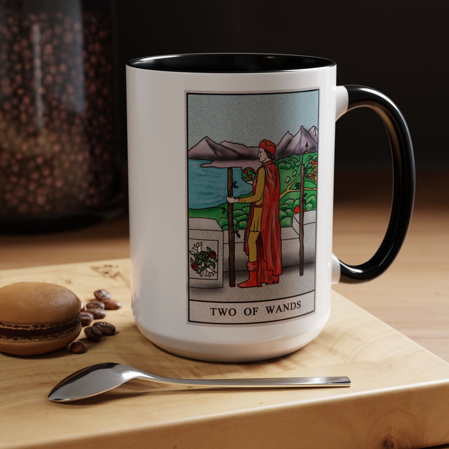 Two of Wands Tarot Card Coffee Mug - Double Sided Black Accent White Ceramic 15oz by TheGlassyLass.com