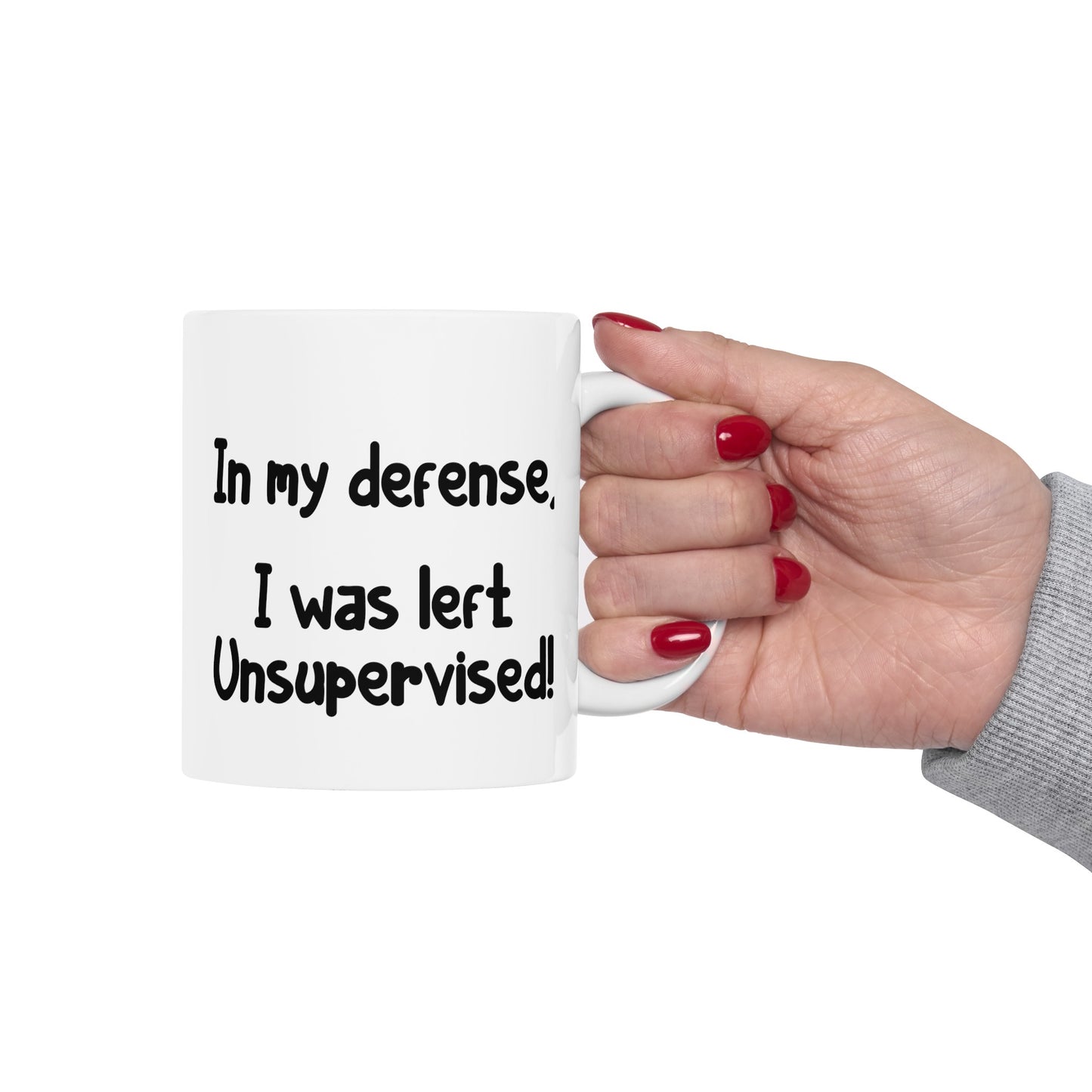 In My Defense - Double Sided White Ceramic Coffee Mug 11oz by TheGlassyLass.com