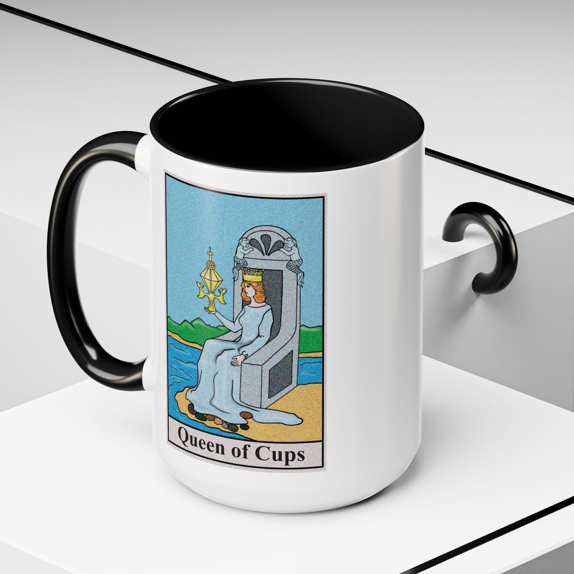 Queen of Cups Tarot Card Coffee Mug - Double Sided Black Accent White Ceramic 15oz by TheGlassyLass.com