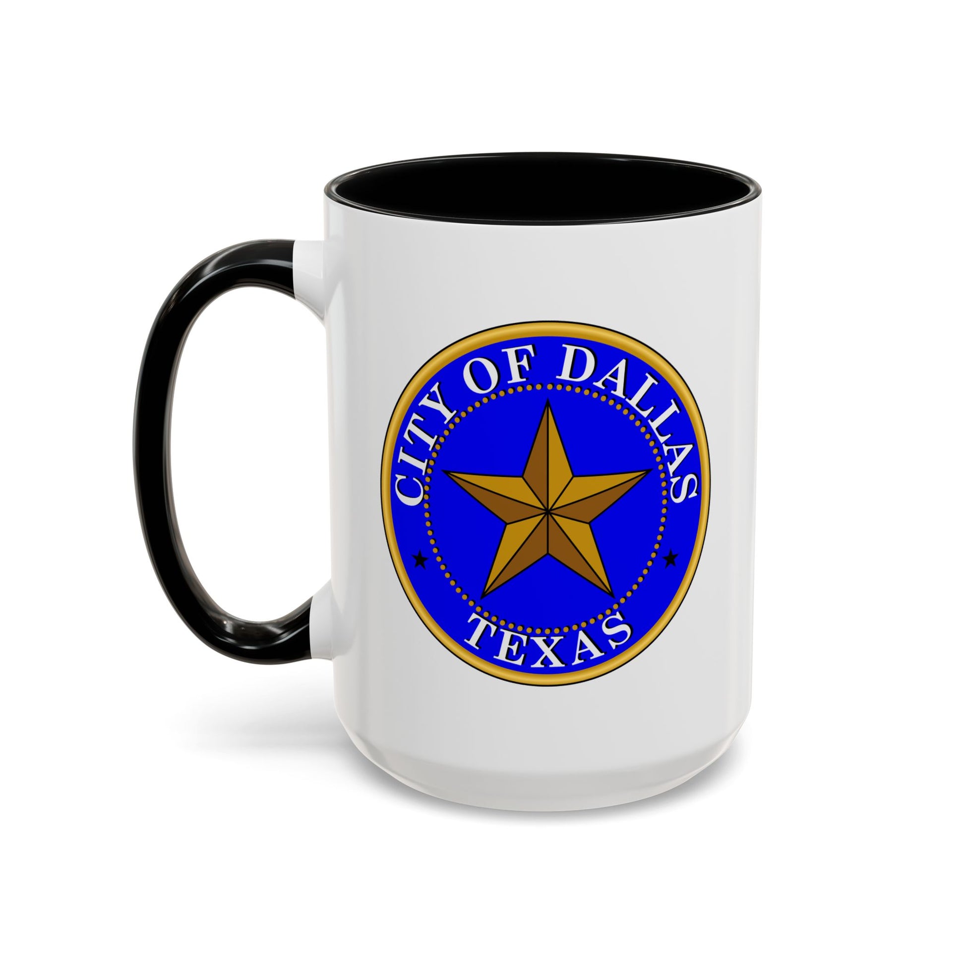 City of Dallas Seal Coffee Mug - Double Sided Print, Black Accent White Ceramic, 15oz by TheGlassyLass.com