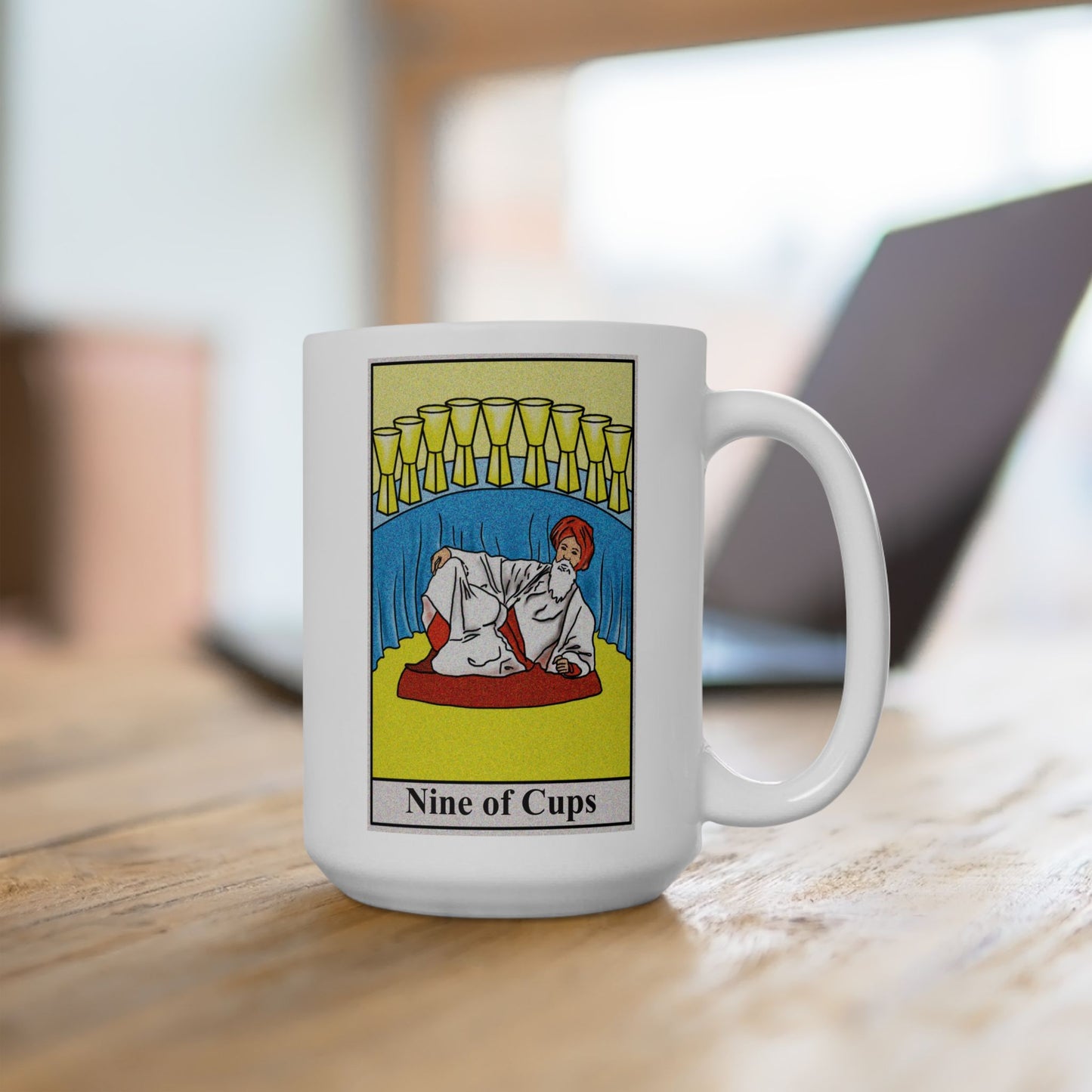Nine of Cups Tarot Card Coffee Mug - Double Sided White Ceramic 15oz by TheGlassyLass.com