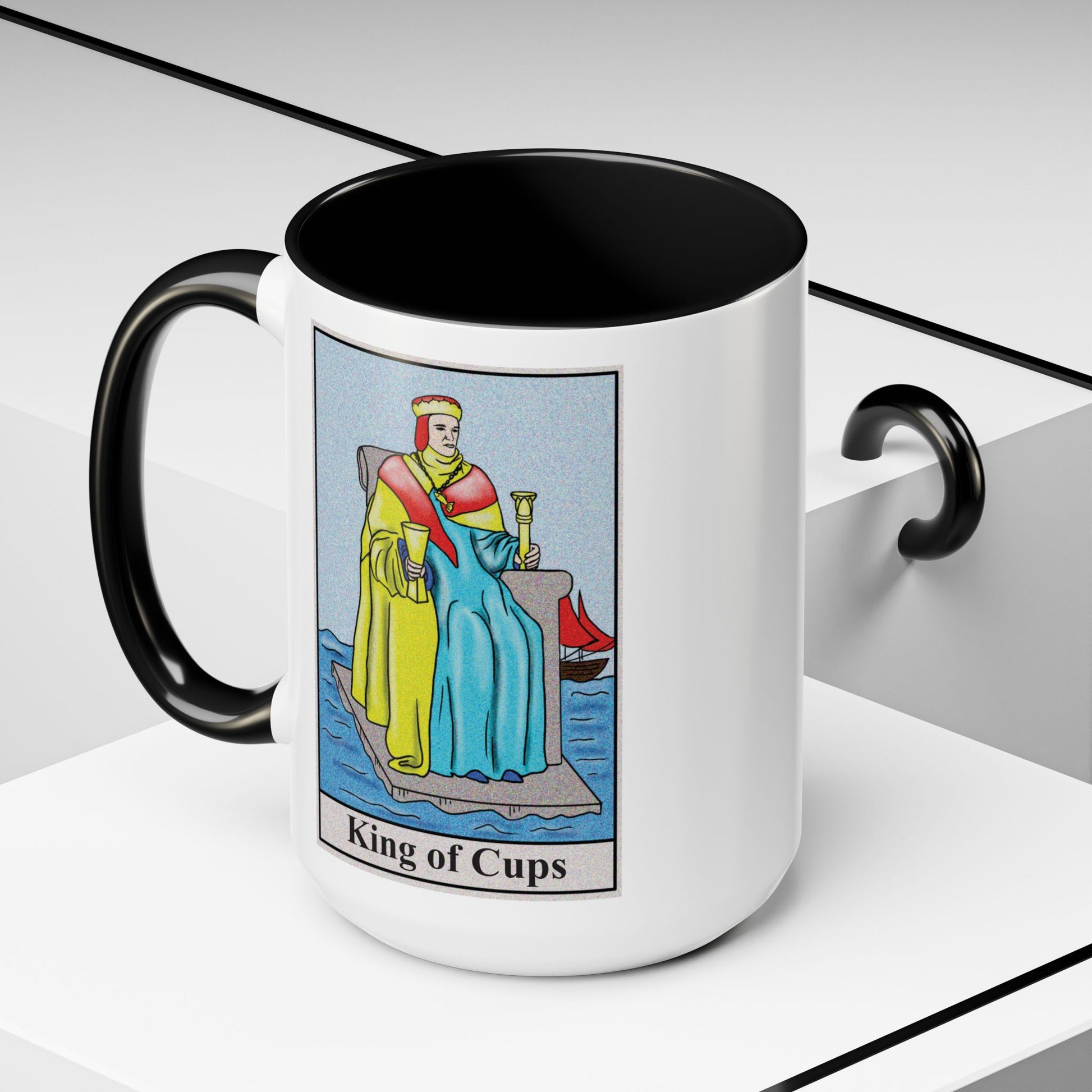 King of Cups Tarot Card Coffee Mug - Double Sided Black Accent White Ceramic 15oz by TheGlassyLass.com