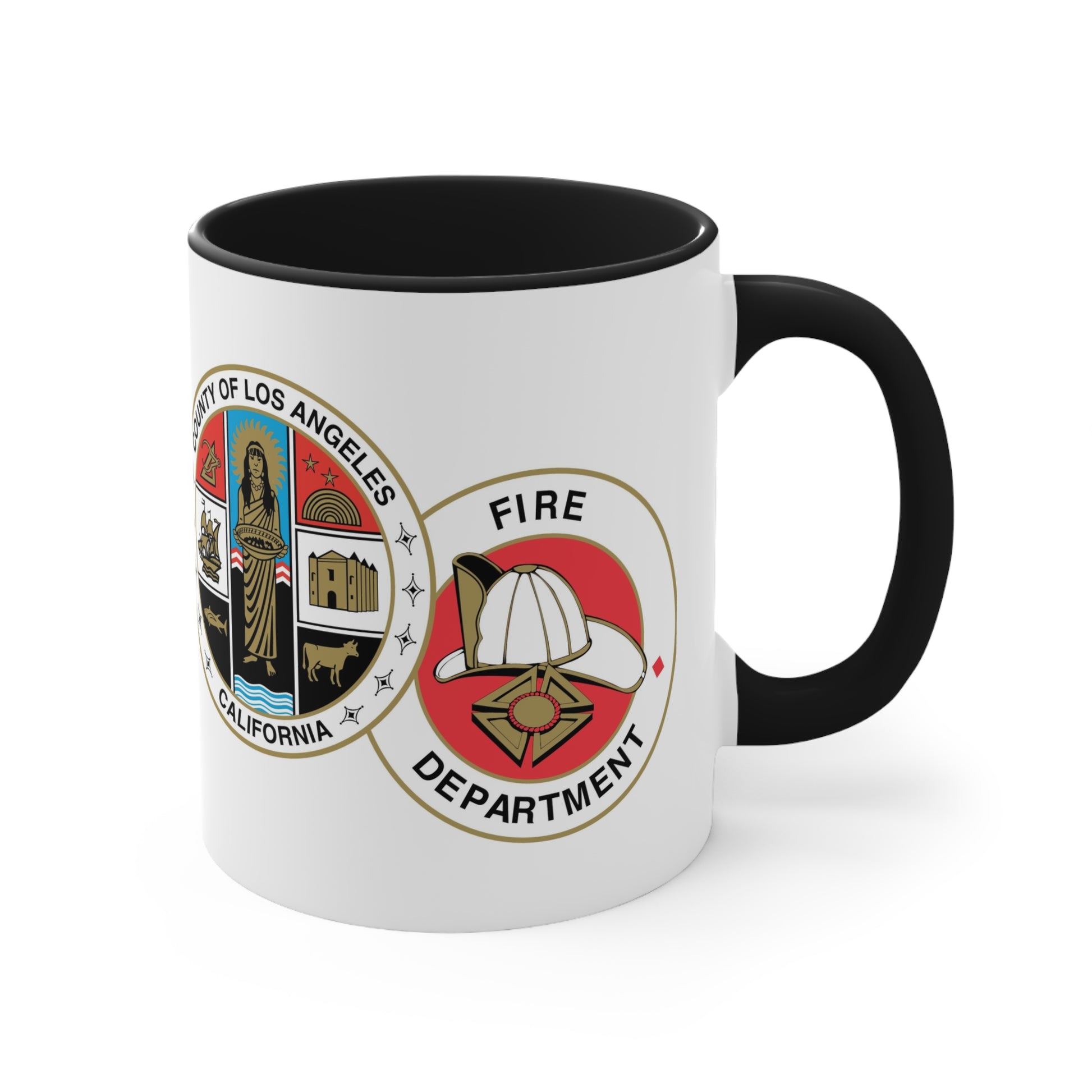 LA County Fire Department Coffee Mug - Double Sided Print Black Accent Two Tone White Ceramic 11oz by TheGlassyLass.com