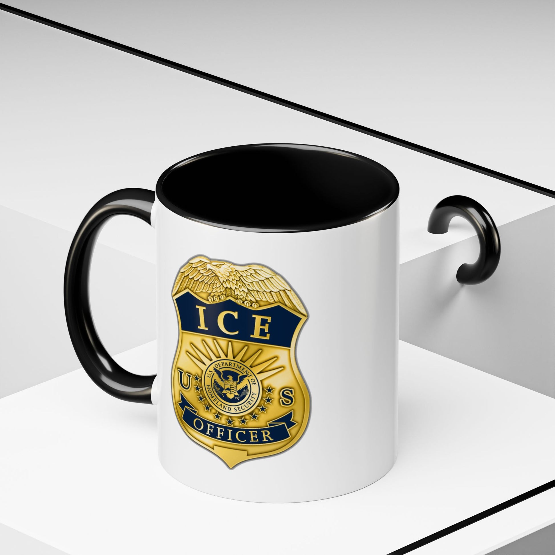 ICE Immigration and Customs Enforcement Badge Coffee Mug - Double Sided Black Accent White Ceramic 11oz by TheGlassyLass.com