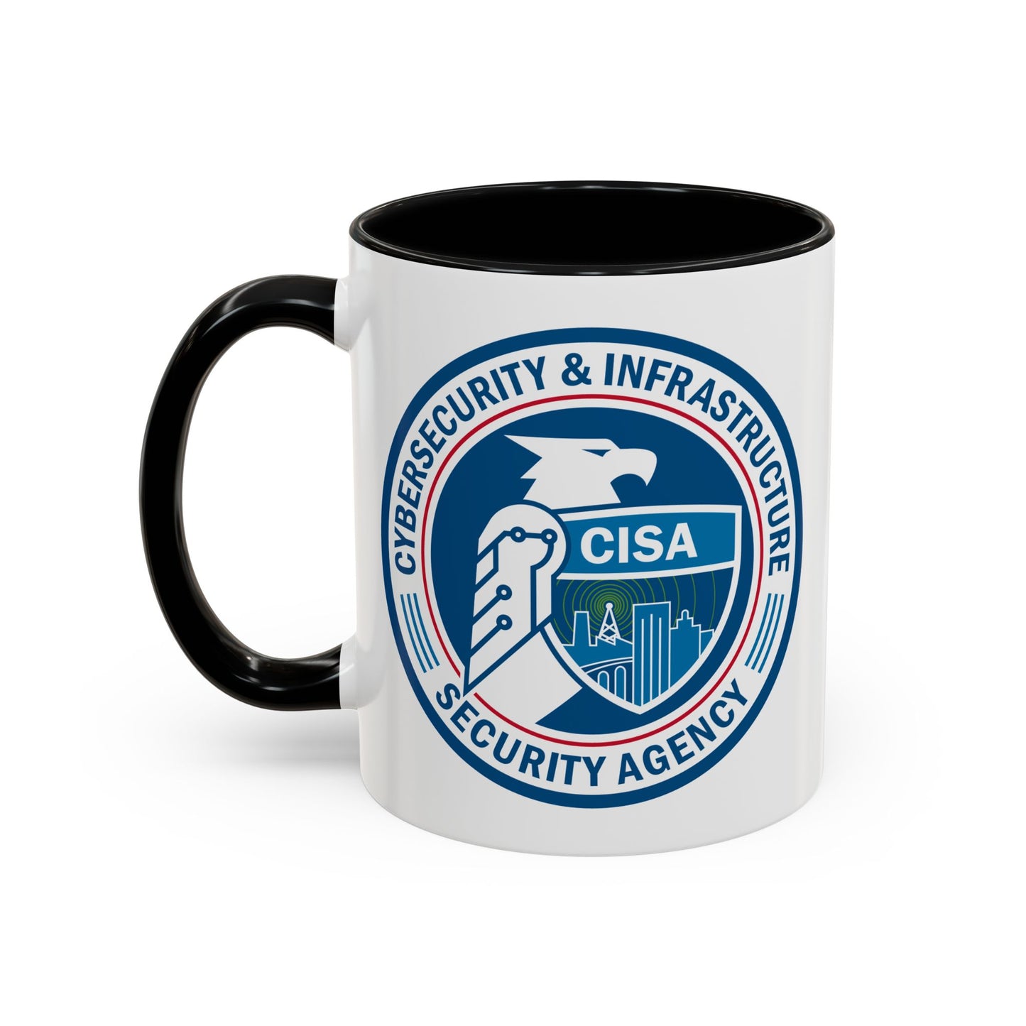 Cybersecurity and Infrastructure Security Agency Seal Coffee Mug - Double Sided Print, Black Accent White Ceramic, 11oz by TheGlassyLass.com