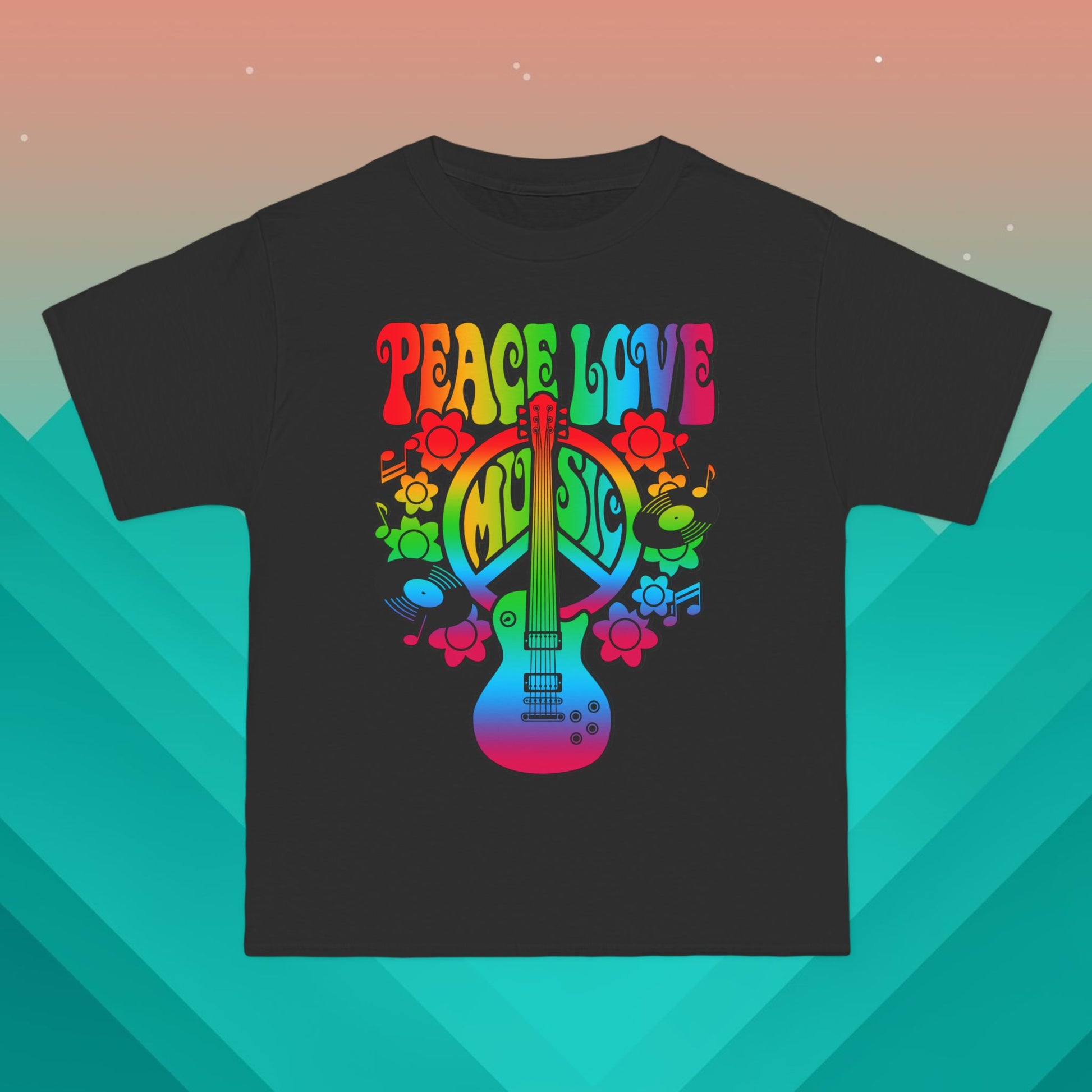 Peace Love Music Hippie T-Shirt: (Hanes Beefy-T 100% Preshrunk Cotton Custom Printed by TheGlassyLass.com