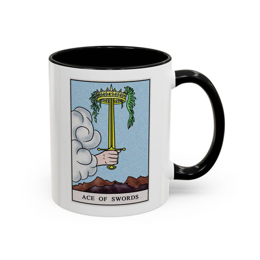Ace of Swords Tarot Card Coffee Mug - Double Sided Print, Black Accent White Ceramic, 11oz by TheGlassyLass.com