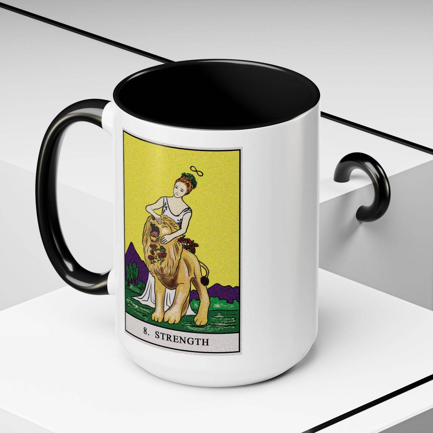 Strength Tarot Card Coffee Mug - Double Sided Black Accent White Ceramic 15oz by TheGlassyLass.com