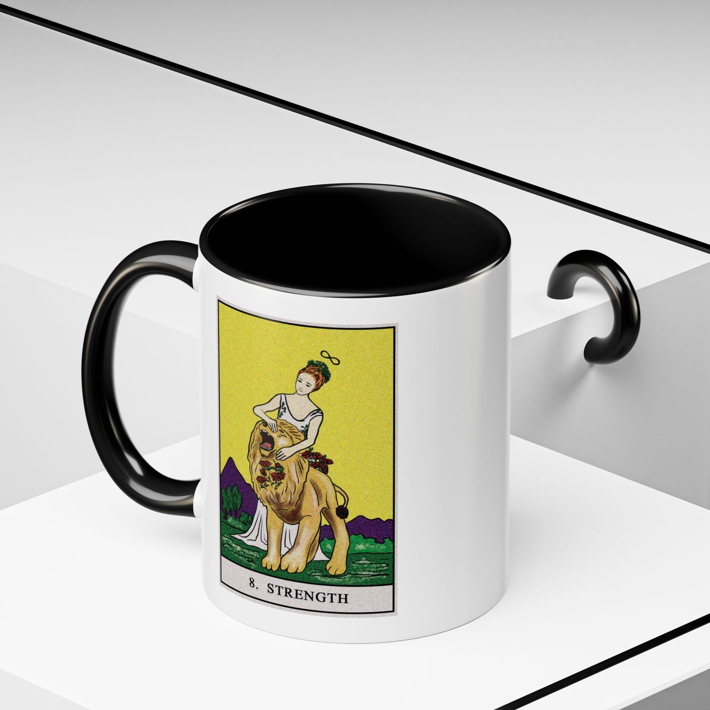 Strength Tarot Card Coffee Mug - Double Sided Print, White Ceramic, 11oz by TheGlassyLass.com