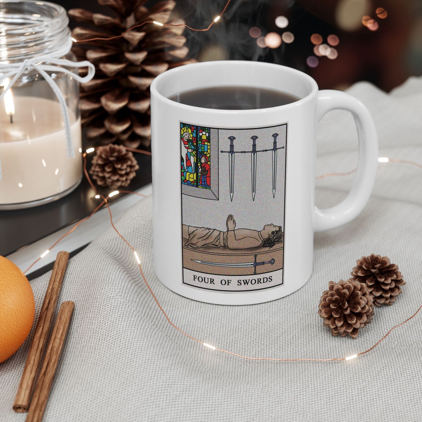 Four of Swords Tarot Card Coffee Mug - Double Sided Print, White Ceramic, 11oz by TheGlassyLass.com