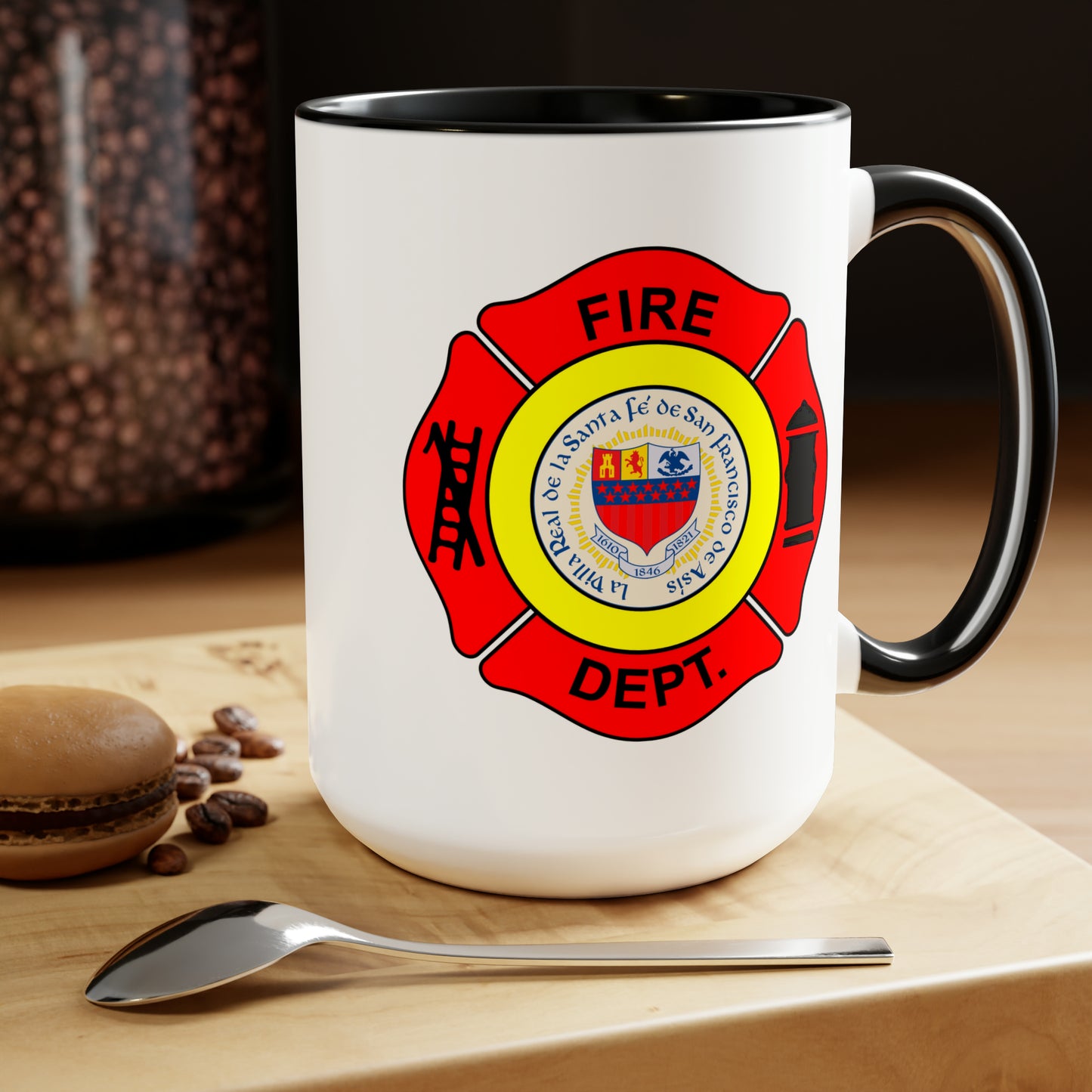 Santa Fe Fire Department Coffee Mugs - Doubles Sided Black Accent White Ceramic 15oz by TheGlassyLass.com
