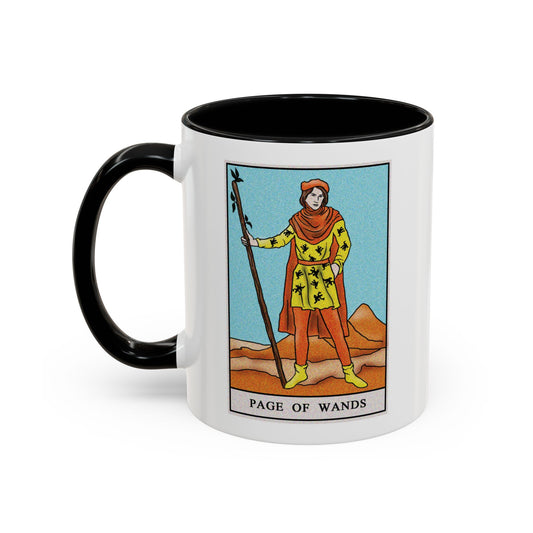 Page of Wands Tarot Card Coffee Mug - Double Sided Print, Black Accent White Ceramic, 11oz by TheGlassyLass.com