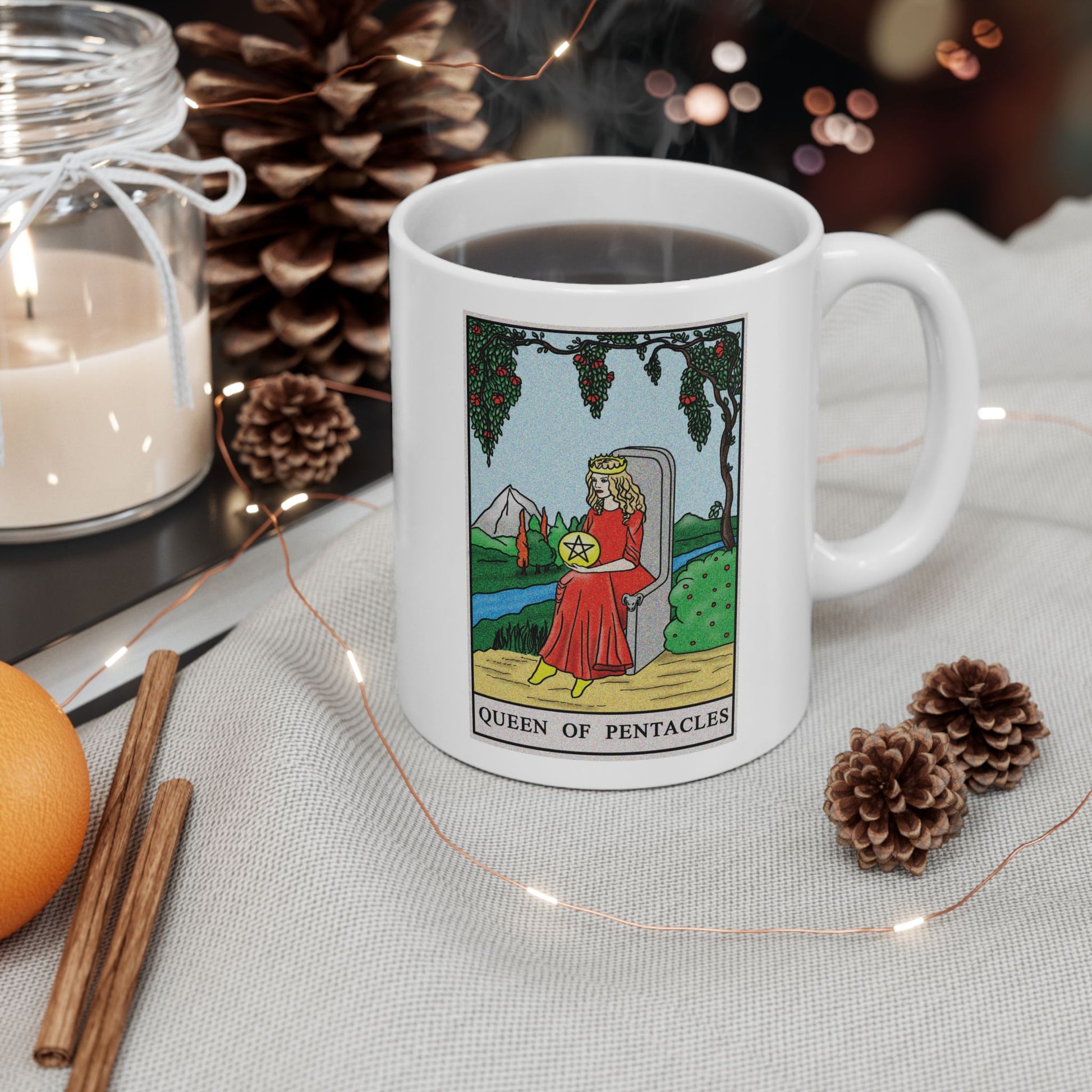 Queen of Pentacles Tarot Card Coffee Mug - Double Sided Print, White Ceramic, 11oz by TheGlassyLass.com