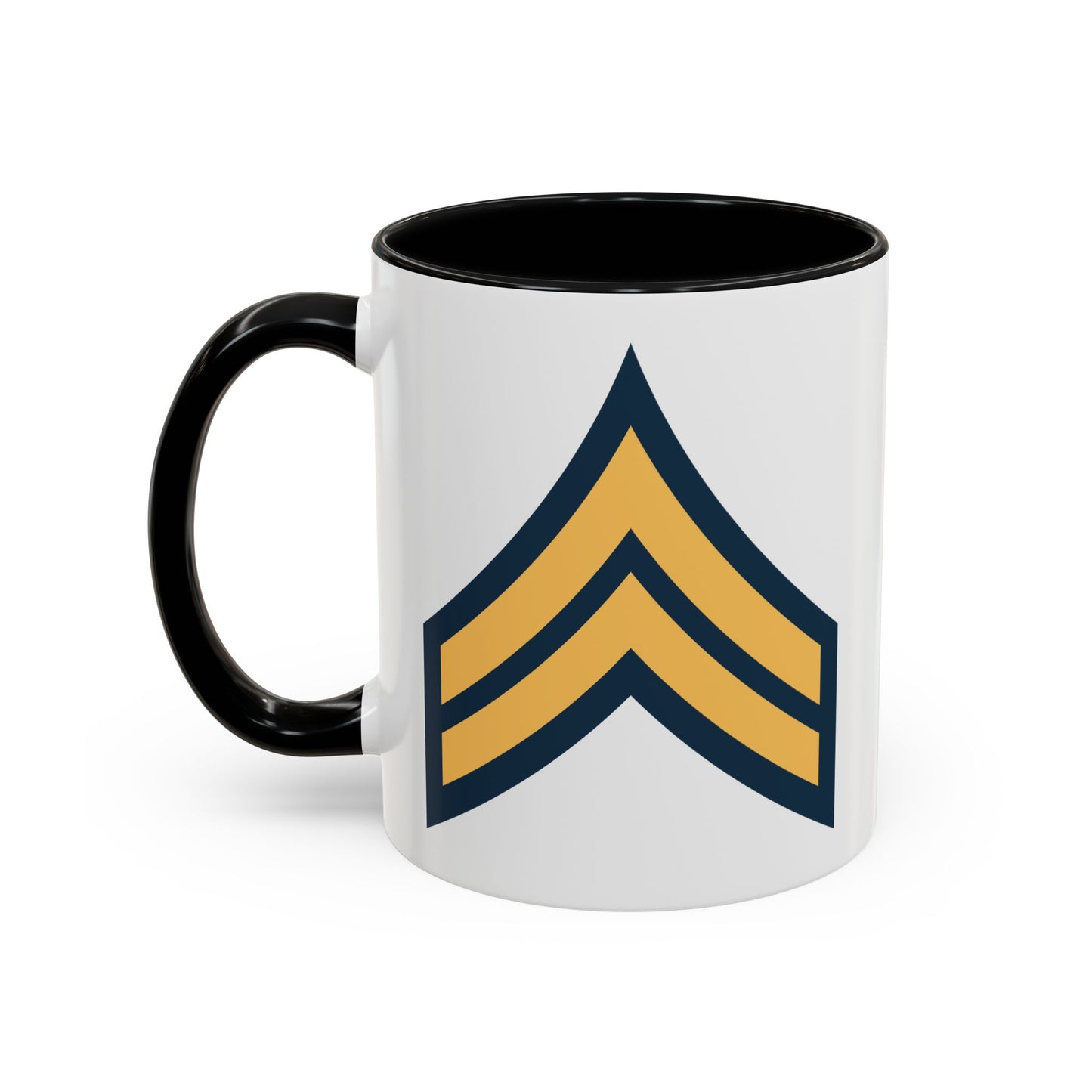 US Army Corporal (E-4) Stripes Coffee Mug - Double Sided Print, Black Accent White Ceramic, 11oz by TheGlassyLass.com