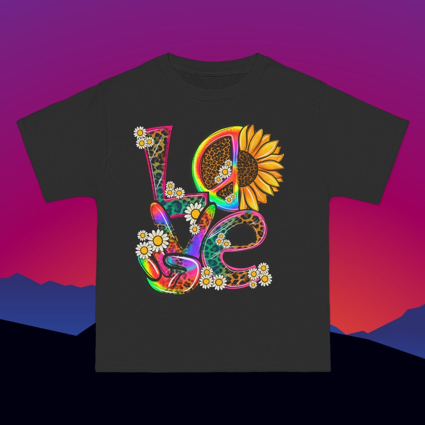 Peace Love & Flower Power T-Shirt: (Hanes Beefy-T 100% Preshrunk Cotton Custom Printed by TheGlassyLass.com