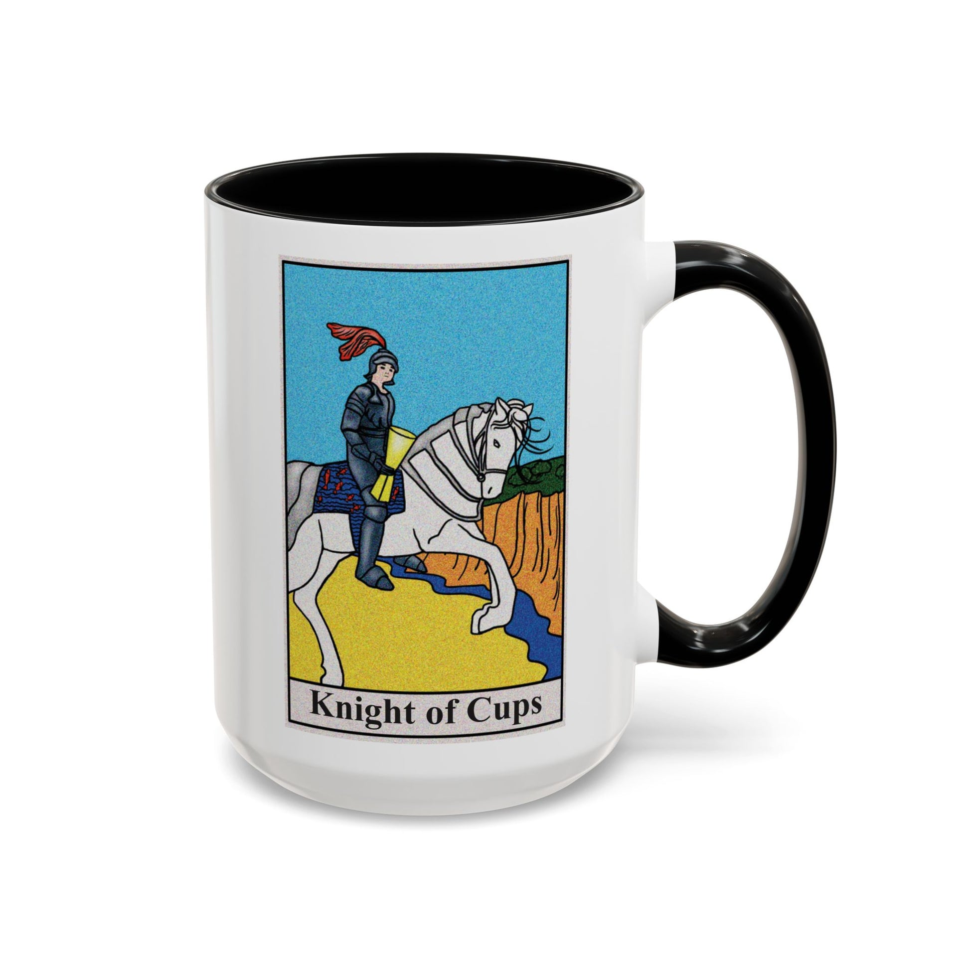 Knight of Cups Tarot Card Coffee Mug - Double Sided Black Accent White Ceramic 15oz by TheGlassyLass.com
