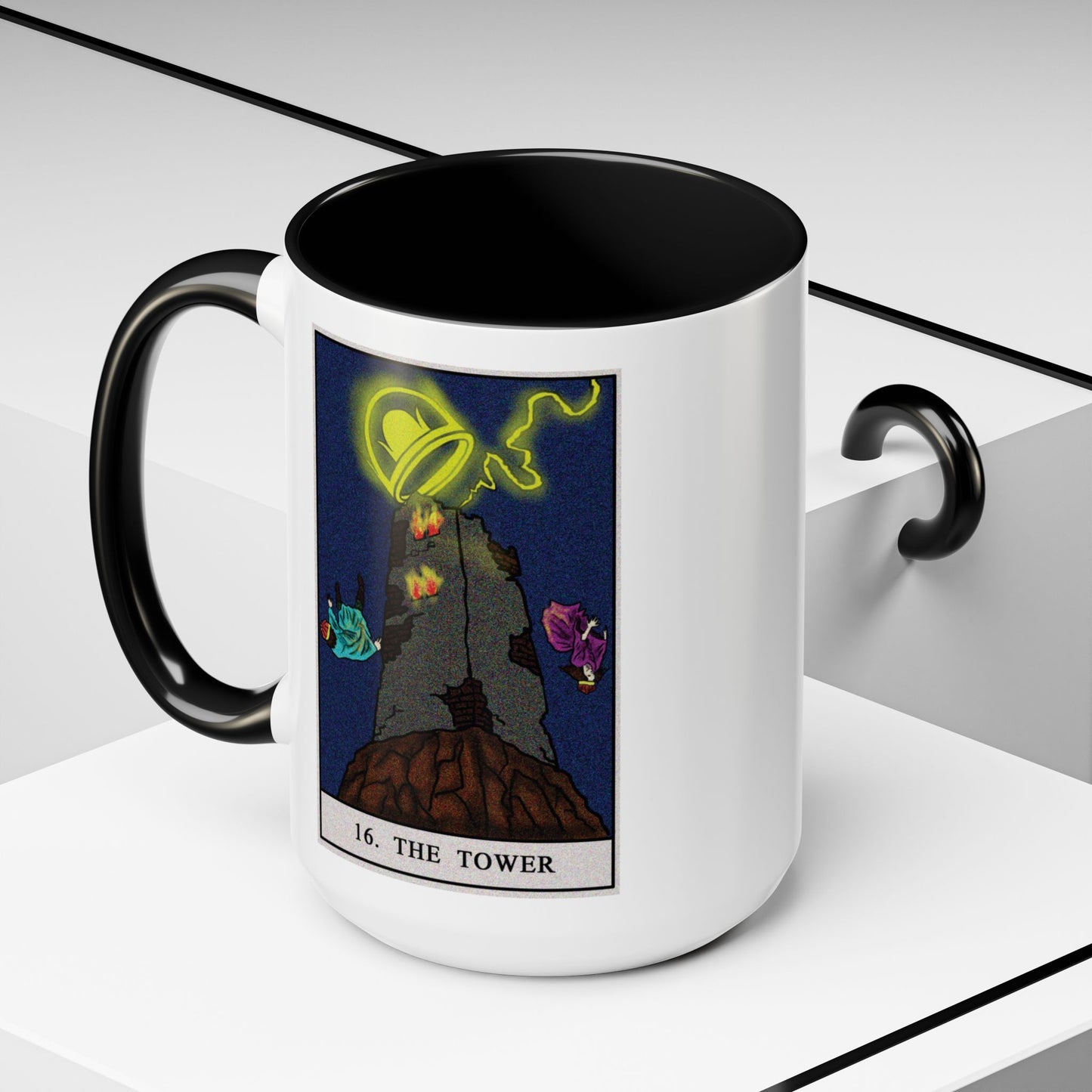 The Tower Tarot Card Coffee Mug - Double Sided Black Accent White Ceramic 15oz by TheGlassyLass.com
