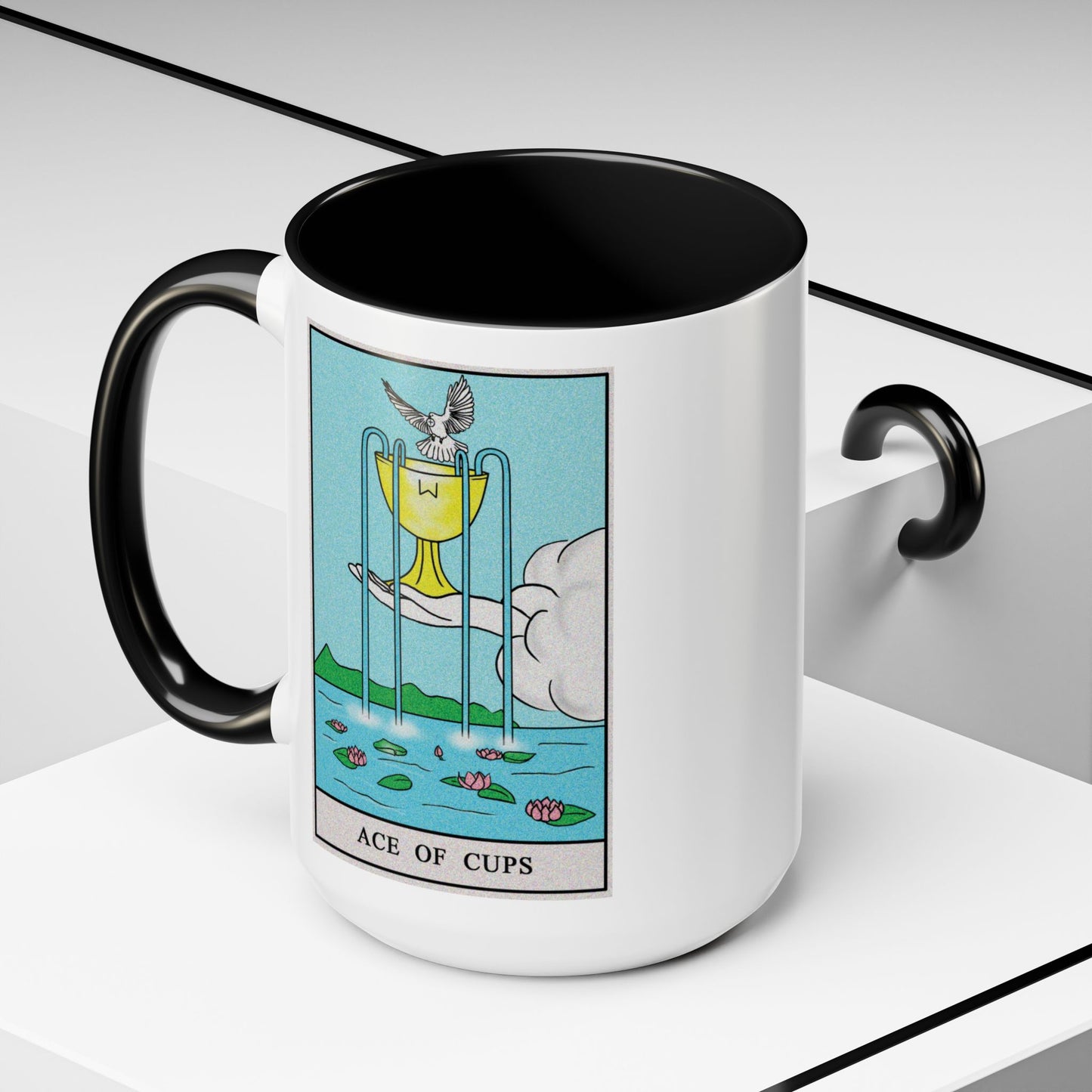 Ace of Cups Tarot Card Coffee Mug - Double Sided Black Accent White Ceramic 15oz by TheGlassyLass