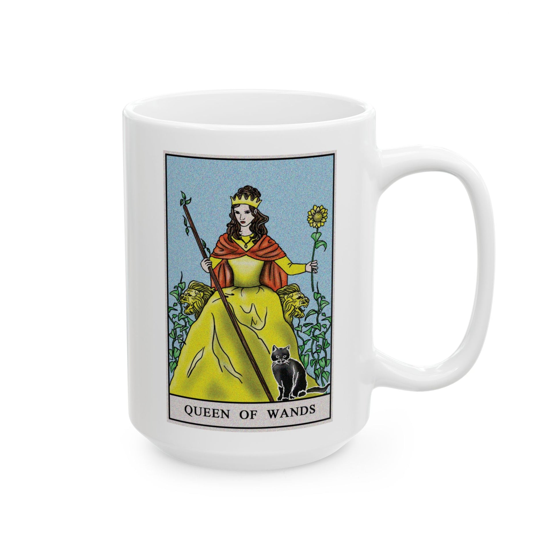 Queen of Wands Tarot Card Coffee Mug - Double Sided White Ceramic 15oz by TheGlassyLass.com