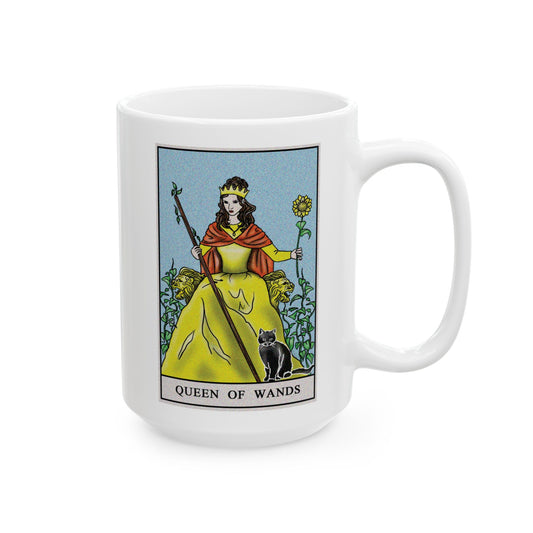 Queen of Wands Tarot Card Coffee Mug - Double Sided White Ceramic 15oz by TheGlassyLass.com