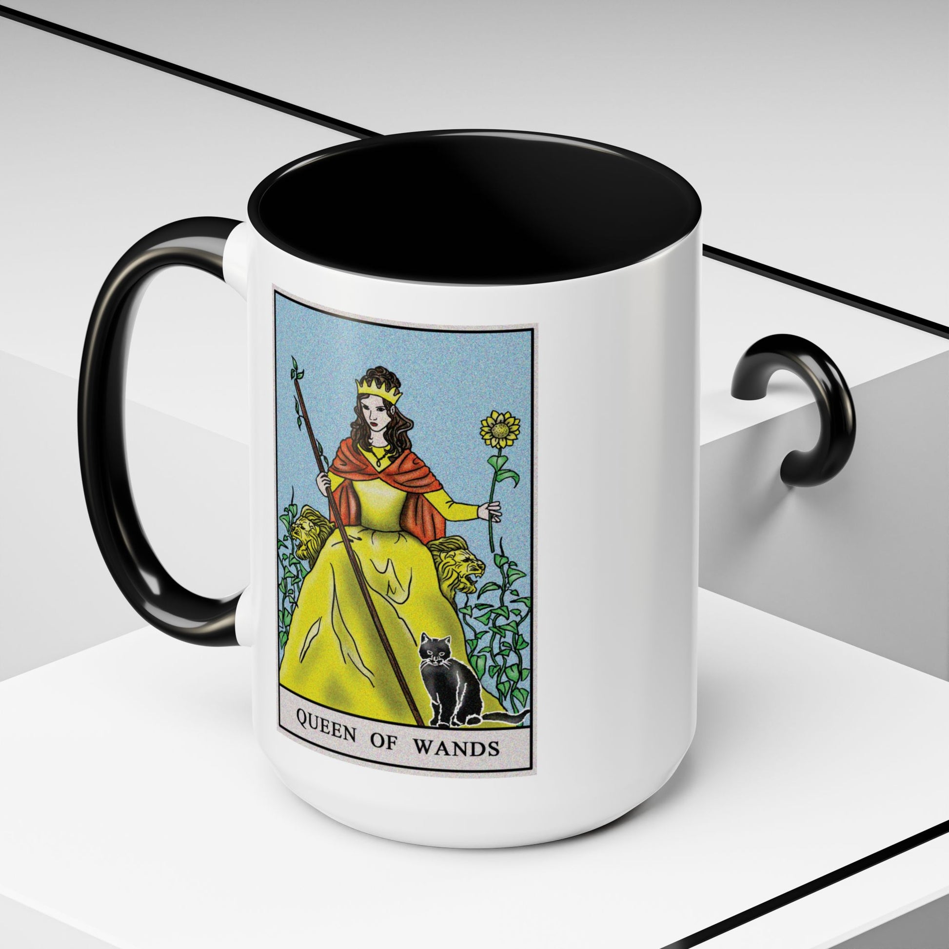 Queen of Wands Tarot Card Coffee Mug - Double Sided Black Accent White Ceramic 15oz by TheGlassyLass.com