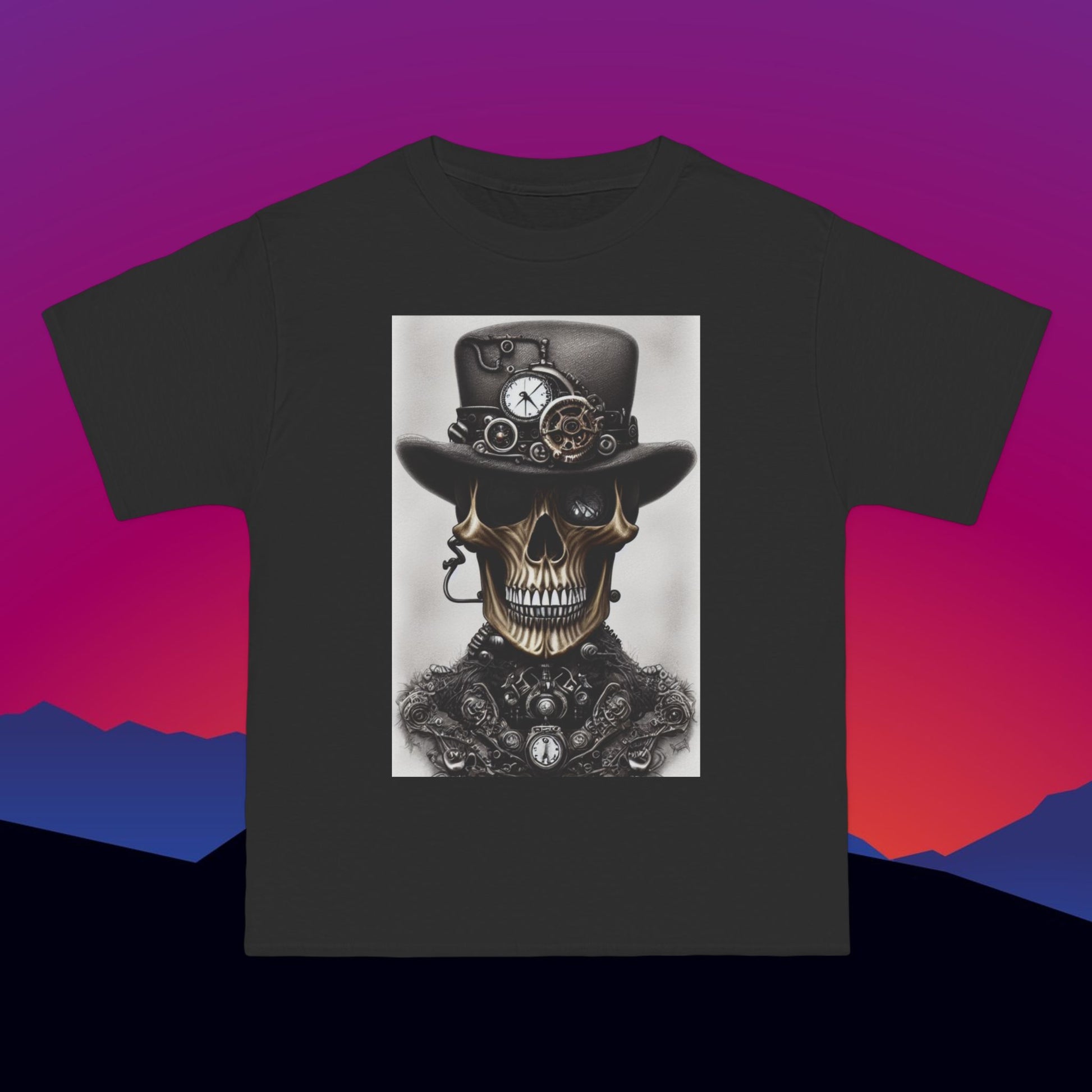 Steampunk Skull in Top Hat T-Shirt: (Hanes Beefy-T 100% Preshrunk Cotton Custom Printed by TheGlassyLass.com