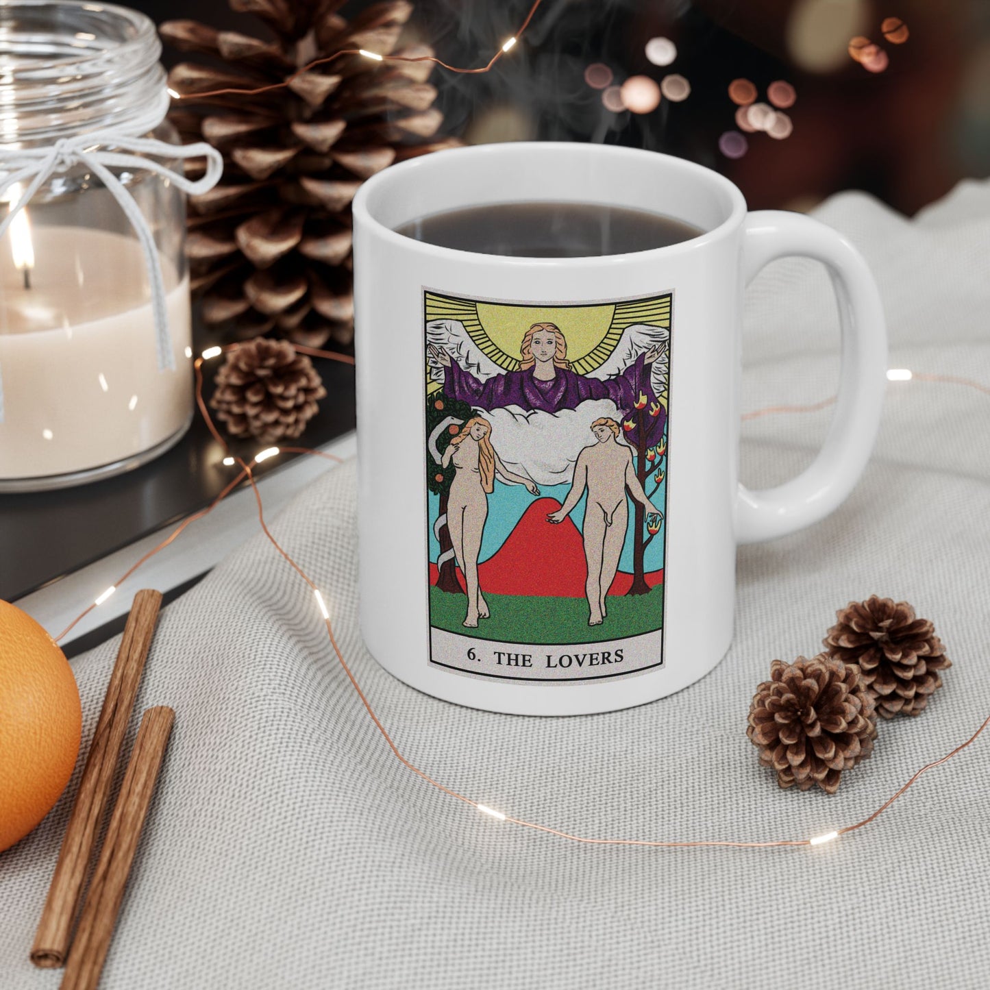 The Lovers Tarot Card Coffee Mug - Double Sided Print, White Ceramic, 11oz by TheGlassyLass.com