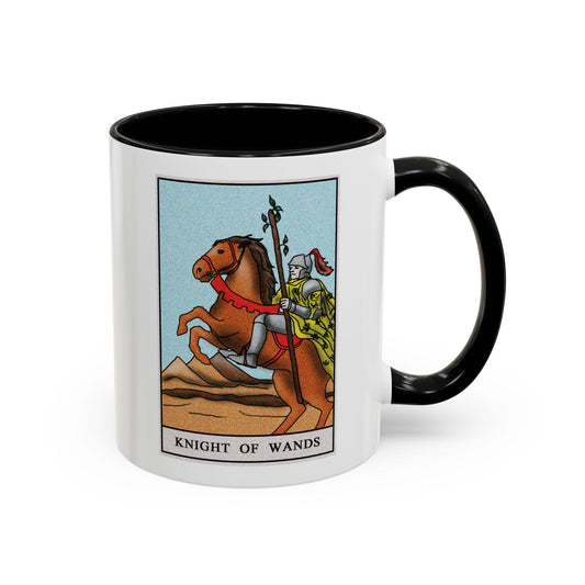 Knight of Wands Tarot Card Coffee Mug - Double Sided Print, Black Accent White Ceramic, 11oz by TheGlassyLass.com
