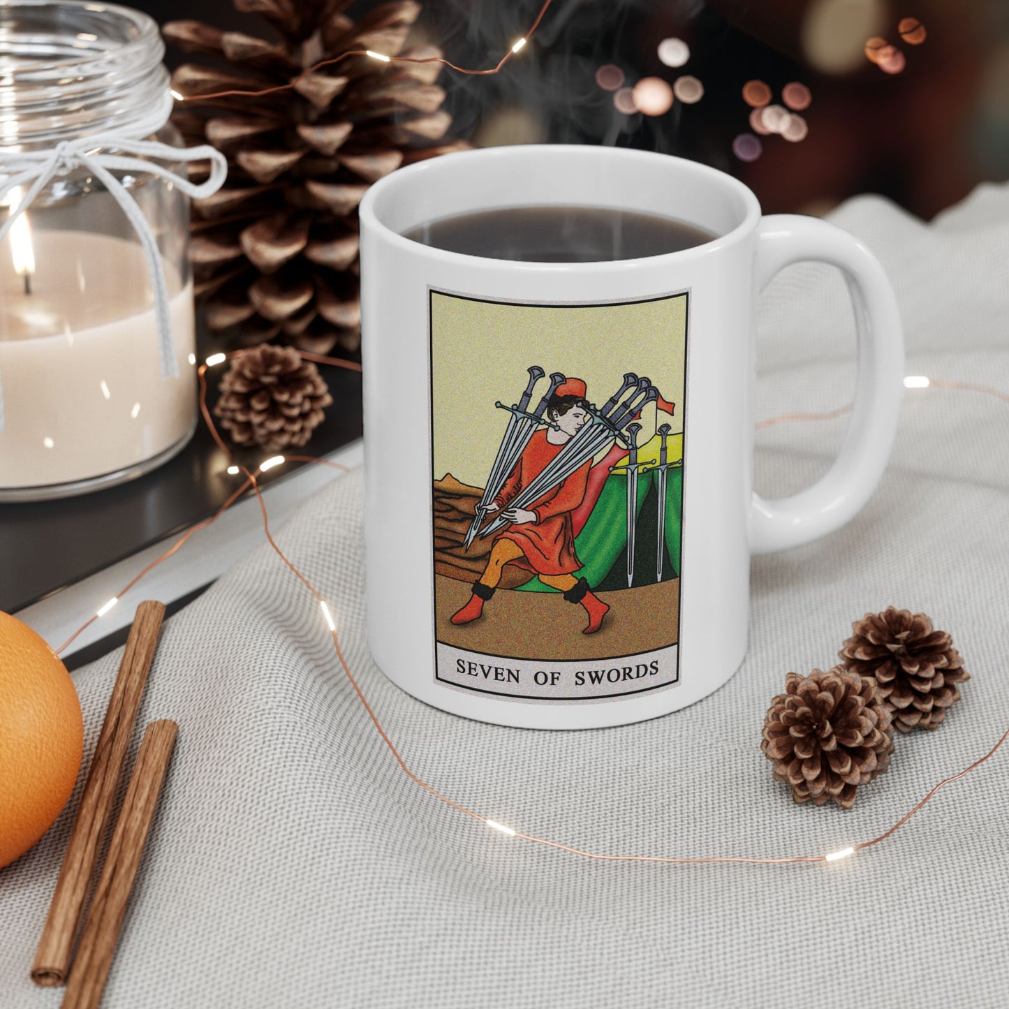 Seven of Swords Tarot Card Coffee Mug - Double Sided Print, White Ceramic, 11oz by TheGlassyLass.com