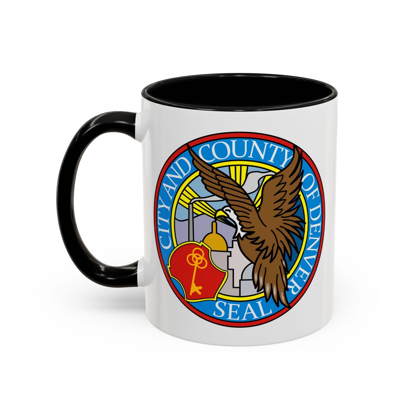 Denver City/County Seal Coffee Mug - Double Sided Print, Black Accent White Ceramic, 11oz by TheGlassyLass.com