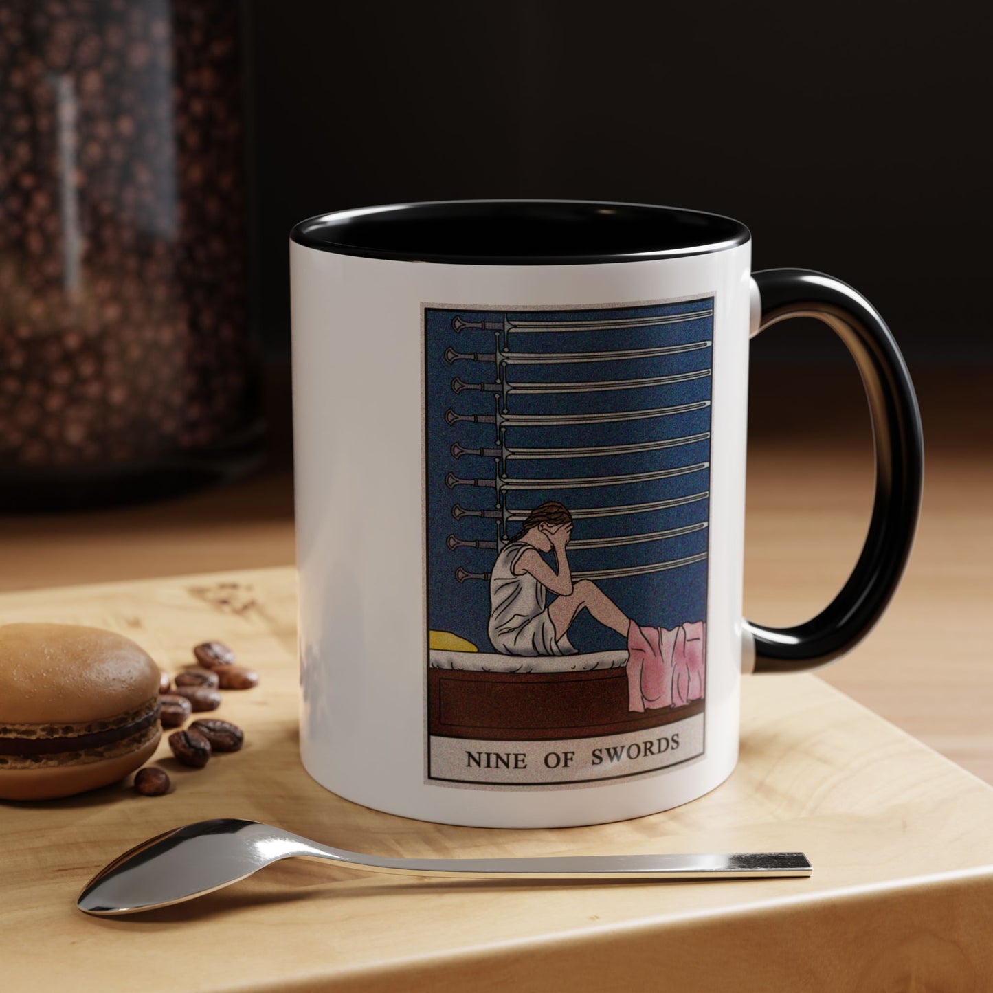 Nine of Swords Tarot Card Coffee Mug - Double Sided Print, Black Accent White Ceramic, 11oz by TheGlassyLass.com