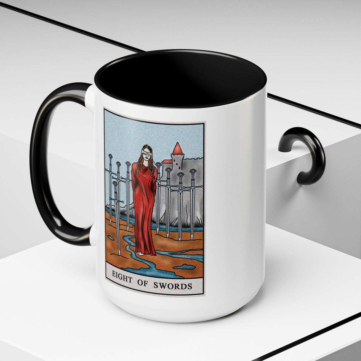 Eight of Swords Tarot Card Coffee Mug - Double Sided Black Accent White Ceramic 15oz by TheGlassyLass.com